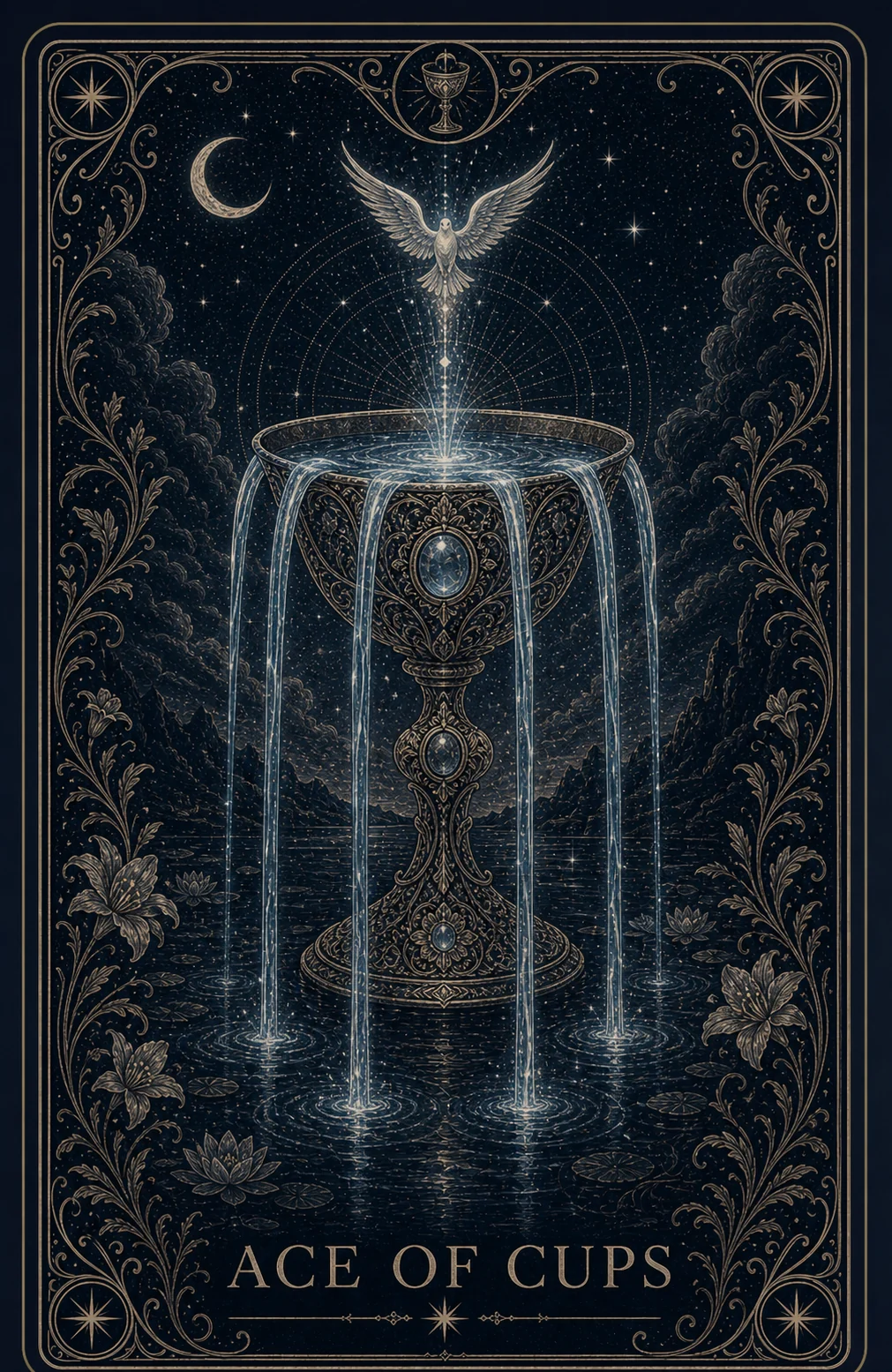 The Ace of Cups tarot card from the Night Glass deck — an ornate chalice standing in still water, overflowing in streams on every side, a white dove descending into it on a column of light.