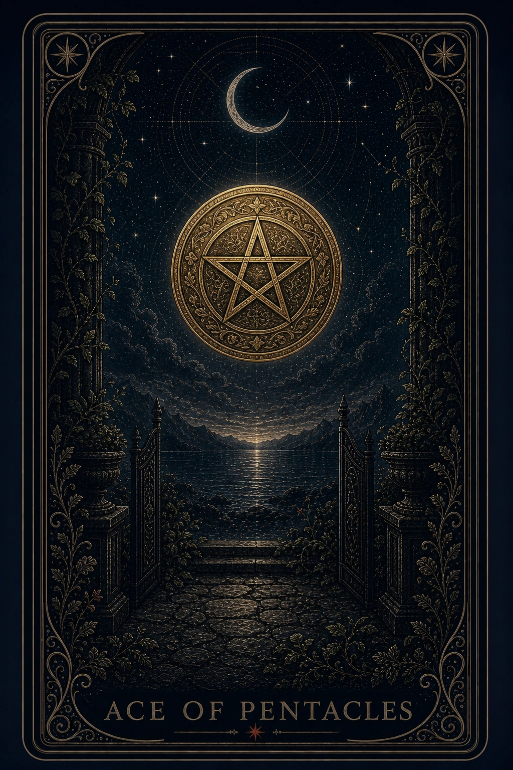 The Ace of Pentacles tarot card from the Night Glass deck — a great engraved gold coin suspended in the night sky above an open garden gate, a paved path leading down toward moonlit water.