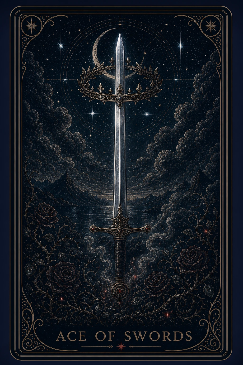 The Ace of Swords tarot card from the Night Glass deck — a single gleaming sword rising out of thorned roses through a leafed crown, a crescent moon behind its point.