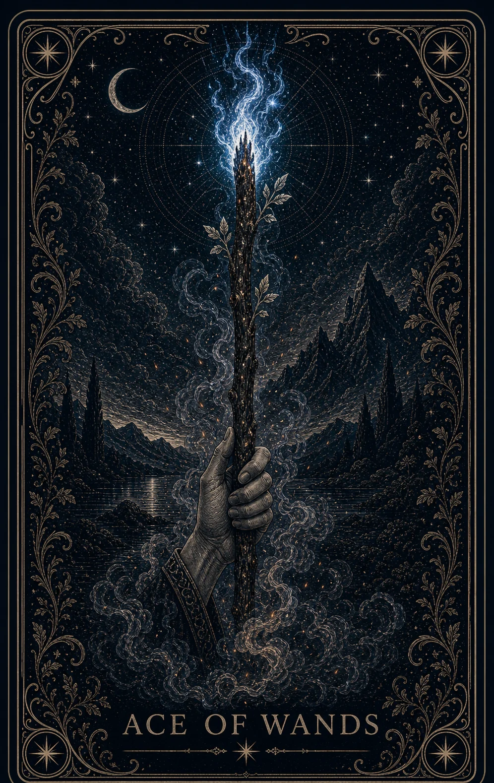 The Ace of Wands tarot card from the Night Glass deck — a single living staff rising out of the dark, leaves unfurling from its length, held in a wash of gold light against the star field.