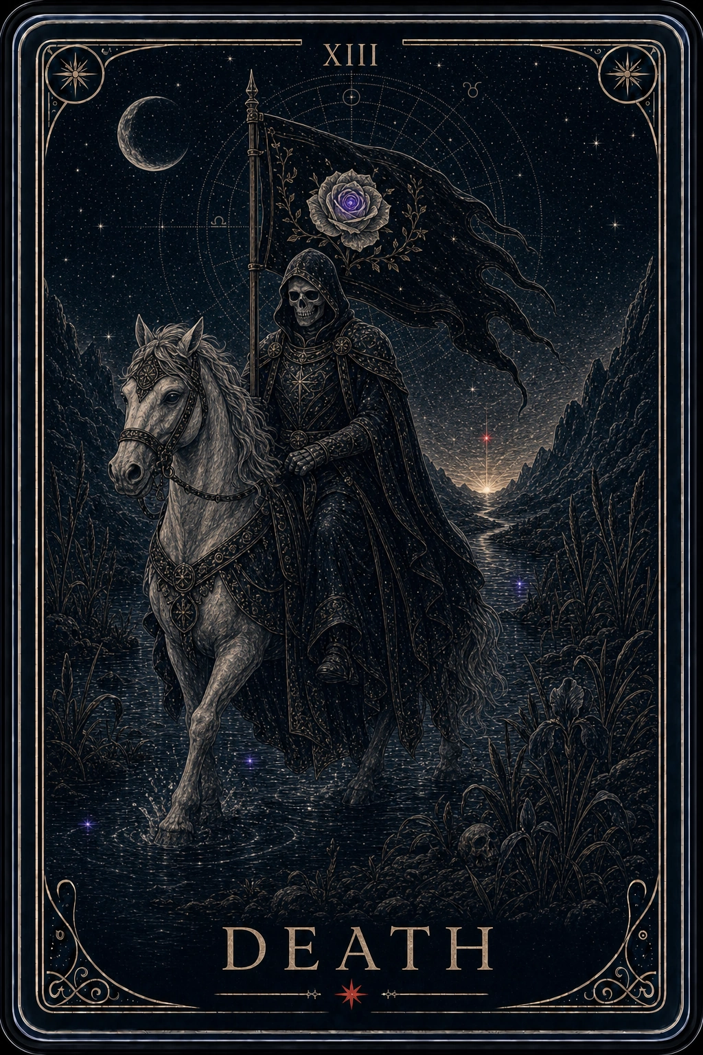 The Death tarot card from the Night Glass deck — a skeletal rider on a pale horse crossing a moonlit river, carrying a black banner with a white rose, dawn rising behind.