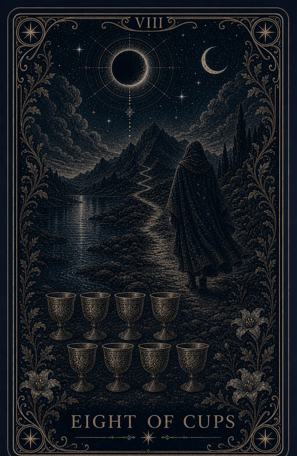The Eight of Cups tarot card from the Night Glass deck — eight cups arranged in two even rows in the foreground, a cloaked figure already far up a winding mountain path beside a river, an eclipsed sun and crescent moon sharing the sky.