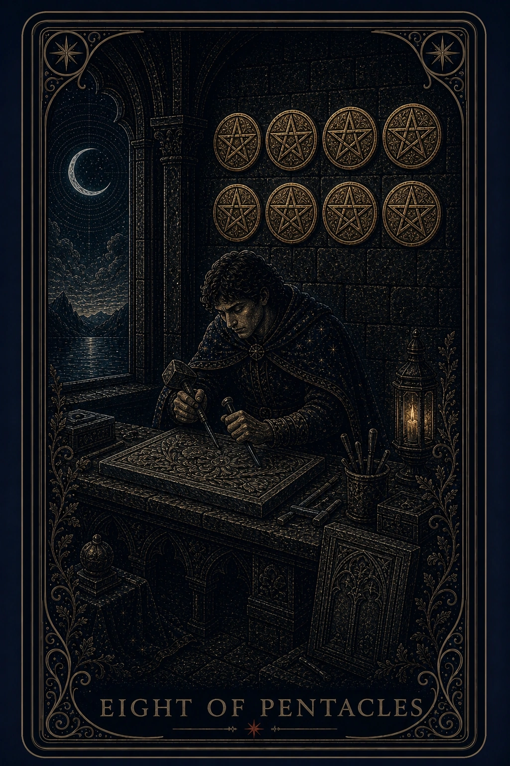 The Eight of Pentacles tarot card from the Night Glass deck — a craftsman carving an ornate panel at his bench by lantern light, eight finished pentacles mounted on the stone wall above him, a crescent moon in the window.