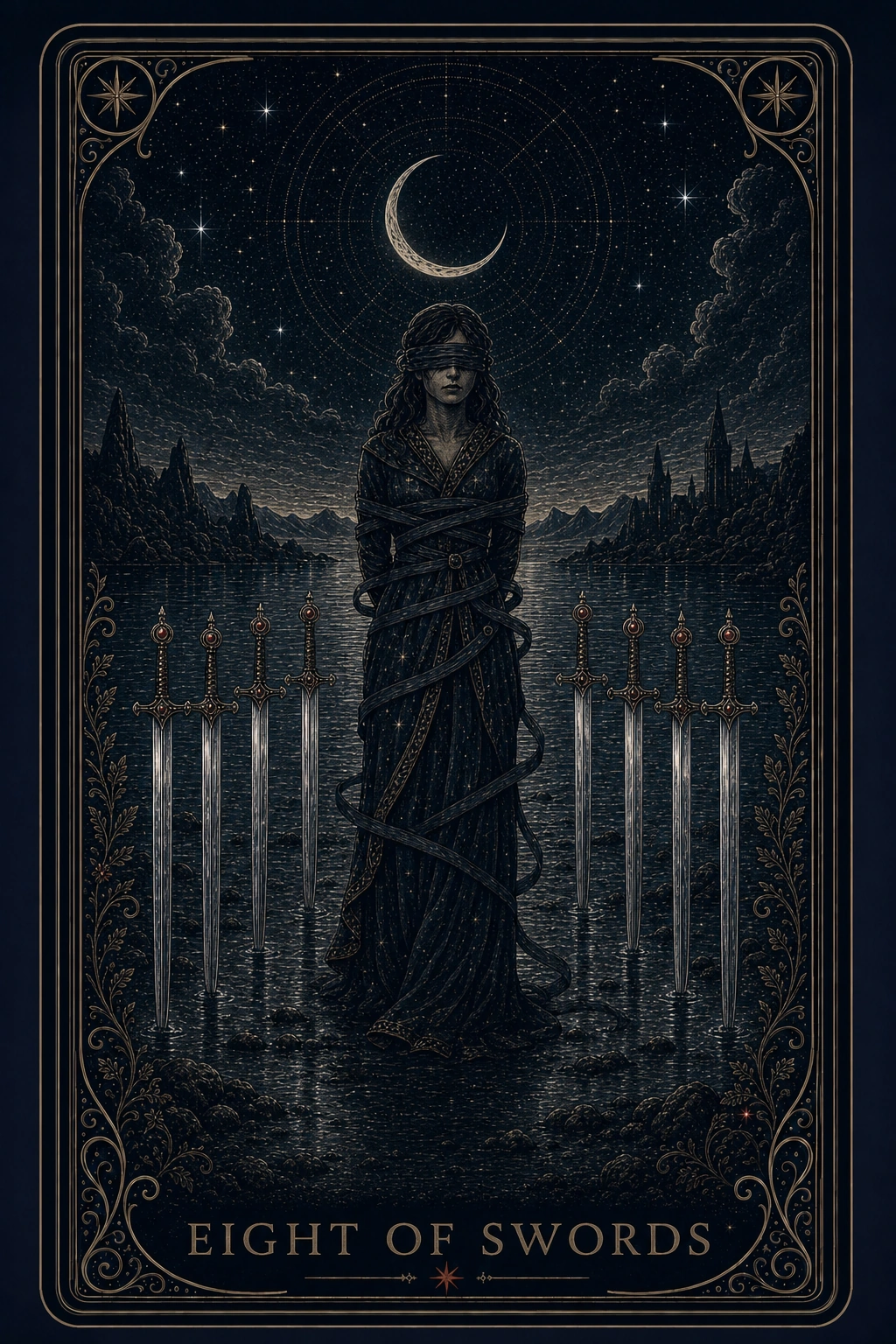The Eight of Swords tarot card from the Night Glass deck — a blindfolded woman loosely bound in trailing ribbons, standing in shallow water between two open rows of swords, a lit castle far behind her.