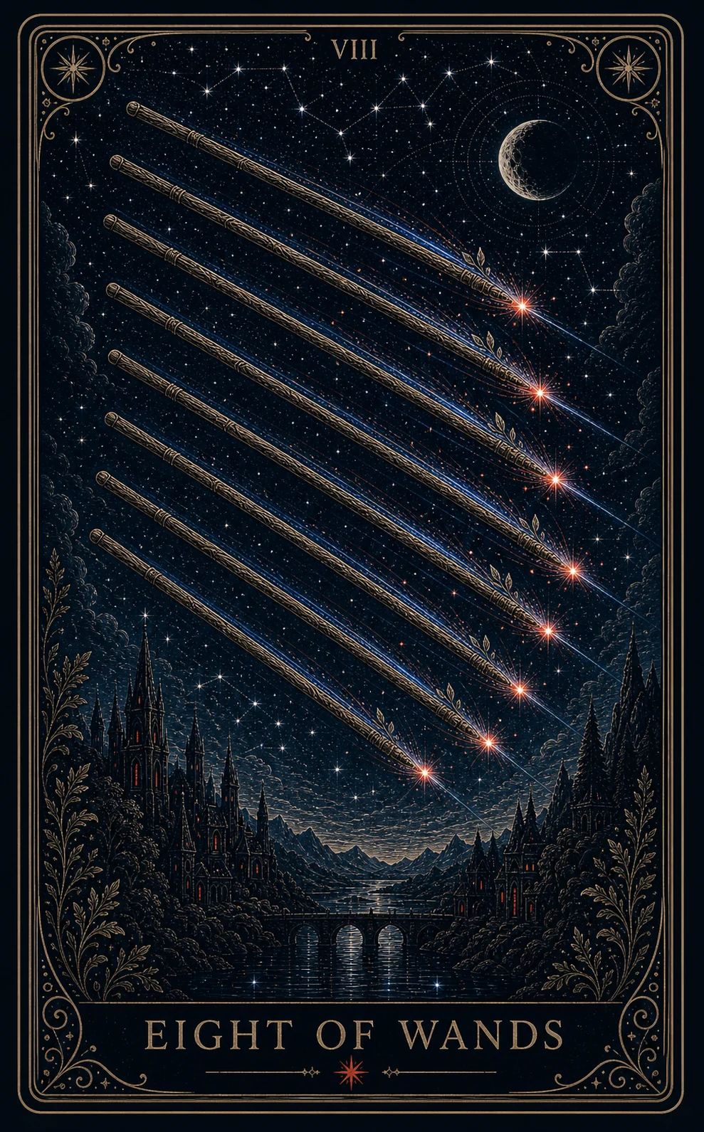 The Eight of Wands tarot card from the Night Glass deck — eight staves in parallel flight across the night sky, trailing light over a dark landscape.