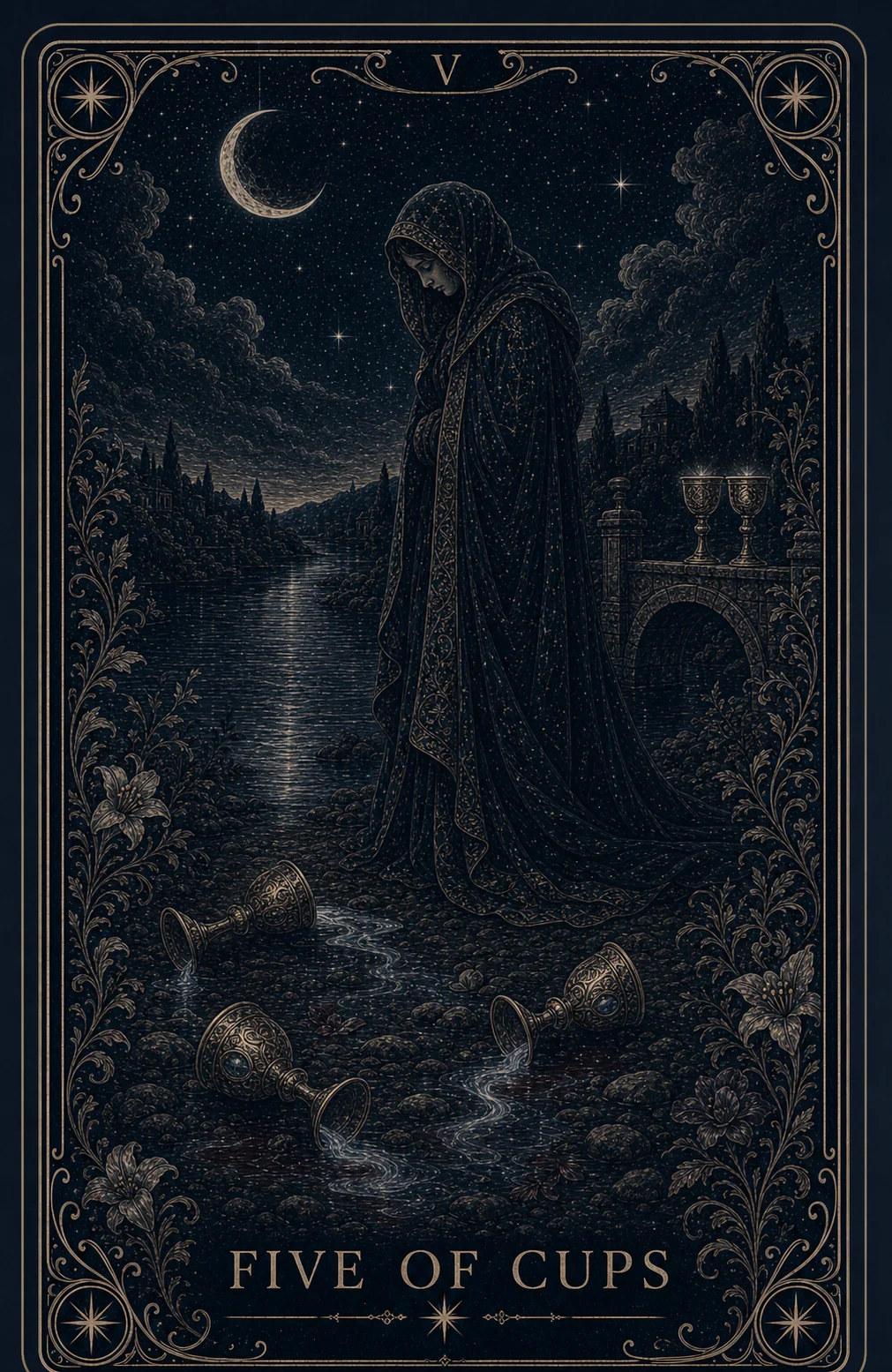 The Five of Cups tarot card from the Night Glass deck — a veiled mourning figure standing over three spilled cups on dark ground, their contents running away in silver rivulets, two upright cups glowing on the parapet of a stone bridge behind.