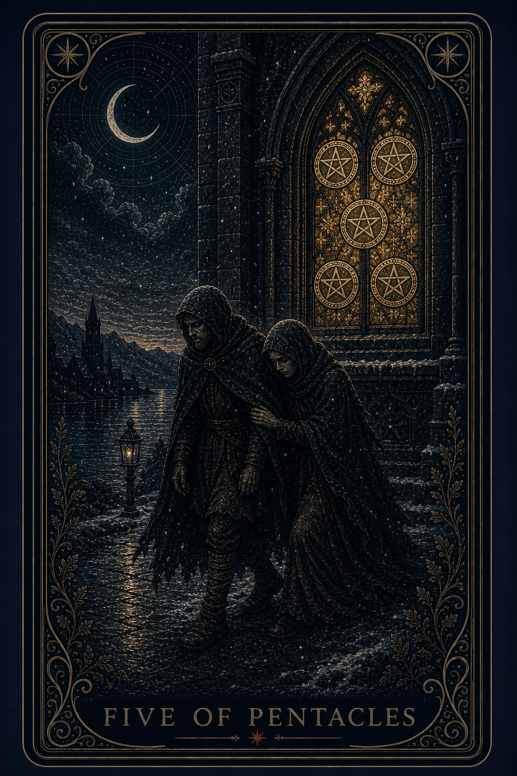 The Five of Pentacles tarot card from the Night Glass deck — two ragged figures supporting each other through falling snow at night, passing a stained-glass window where five pentacles glow gold, a small lamppost lit beside the water.