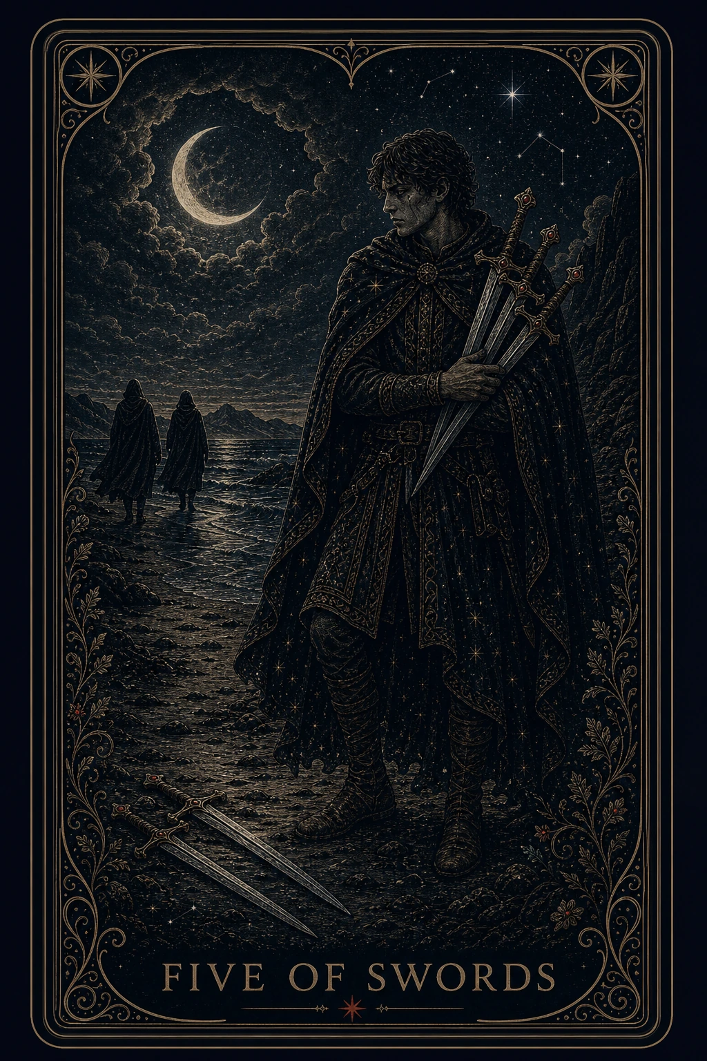 The Five of Swords tarot card from the Night Glass deck — a man gathering three swords against his shoulder, glancing back at two cloaked figures walking away along a moonlit shore, two more swords abandoned on the ground.