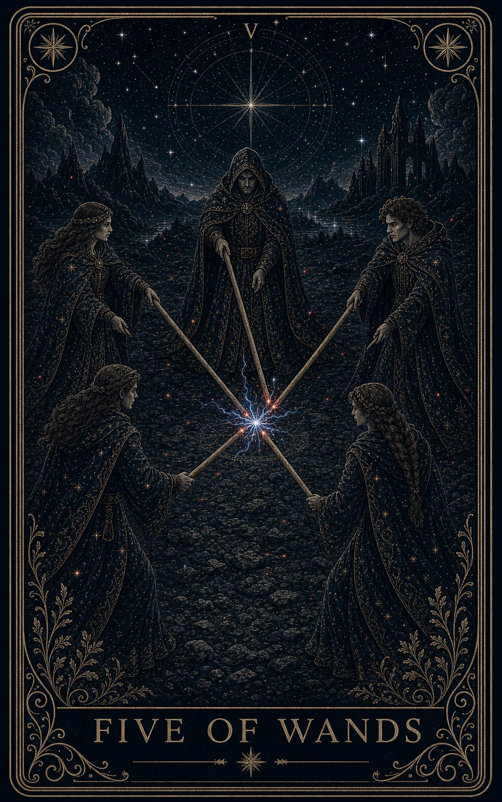 The Five of Wands tarot card from the Night Glass deck — five figures in a dark clearing, staves raised and crossed mid-clash, sparks where the wood strikes.