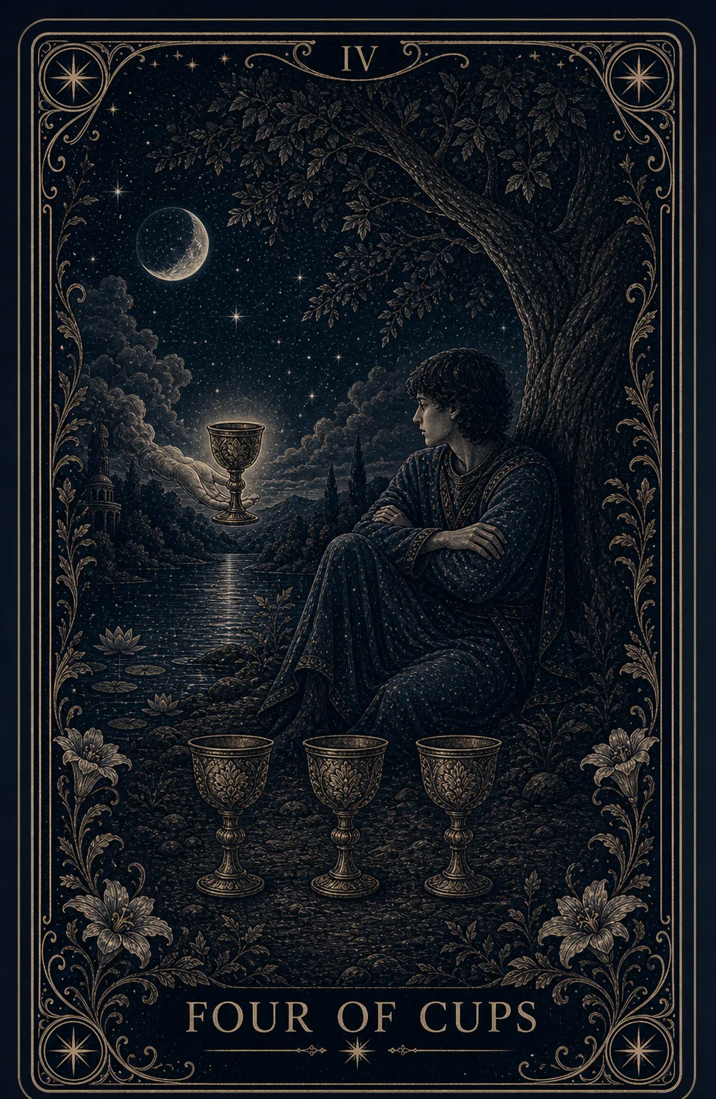 The Four of Cups tarot card from the Night Glass deck — a young man sitting beneath a great tree with arms crossed, three unlit cups before him, a glowing cup offered from a misted hand over the water, a crescent moon above.
