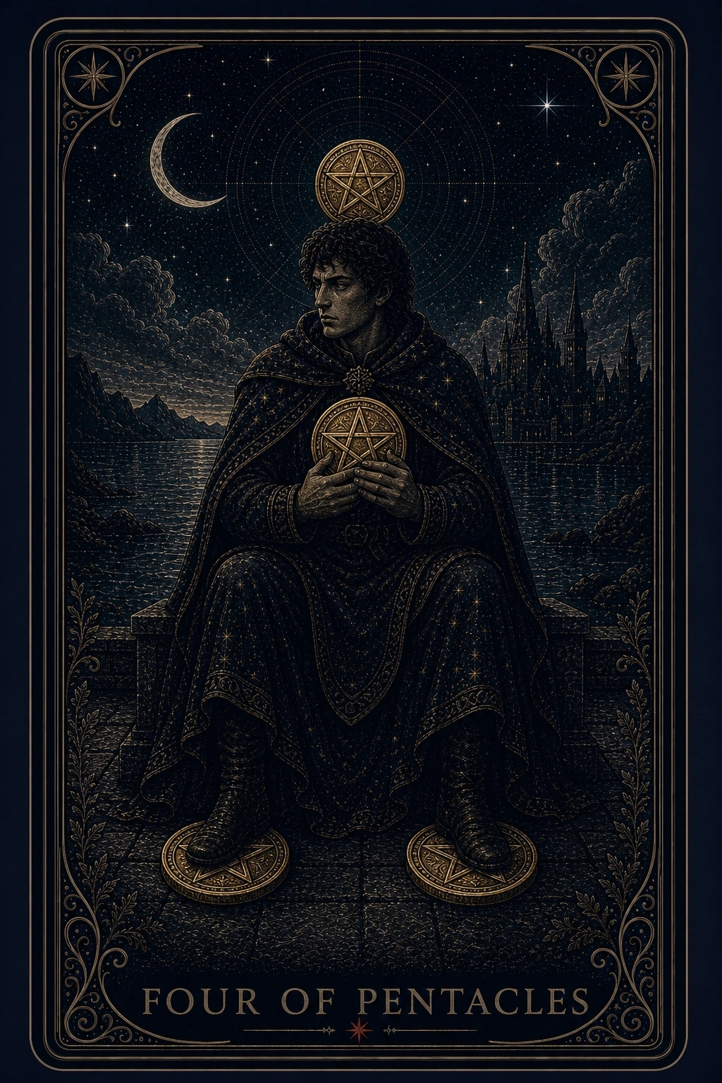 The Four of Pentacles tarot card from the Night Glass deck — a tense man seated on a stone block clutching a coin to his chest, one coin fixed above his head, two beneath his boots, a lit city across the water behind him.