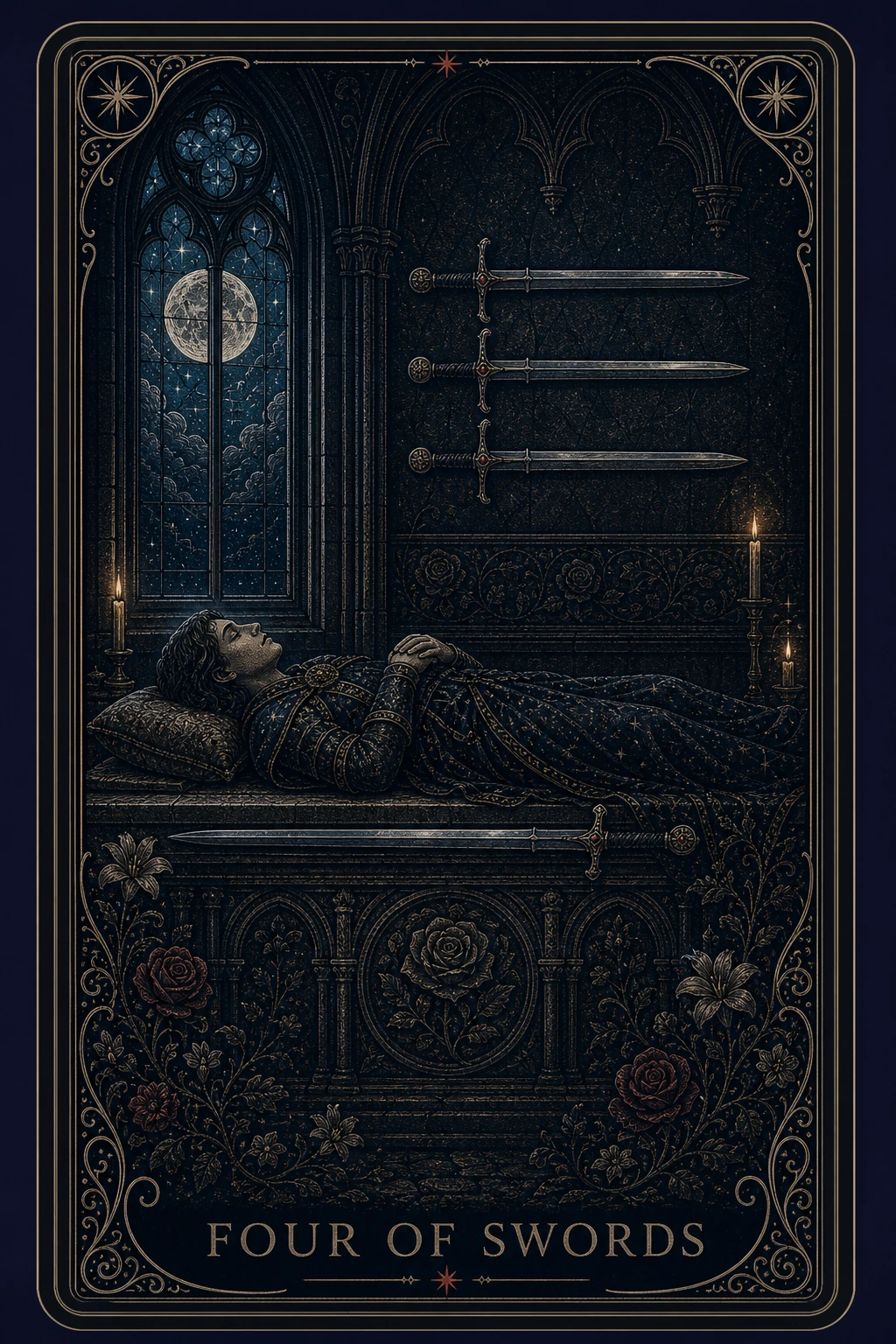 The Four of Swords tarot card from the Night Glass deck — a figure lying in rest on a carved stone bier in a Gothic chapel, three swords mounted on the wall above, one laid at his side, candles lit and a full moon in the window.