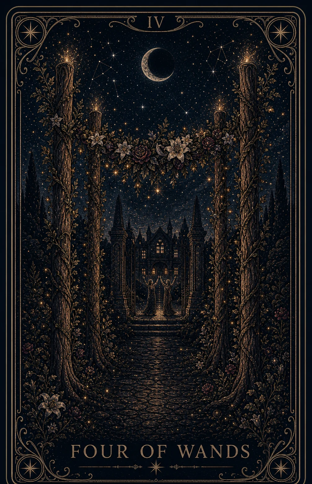 The Four of Wands tarot card from the Night Glass deck — four tall staves forming a gateway hung with garlands, warm light and small celebrating figures beneath, a dark keep in the distance.