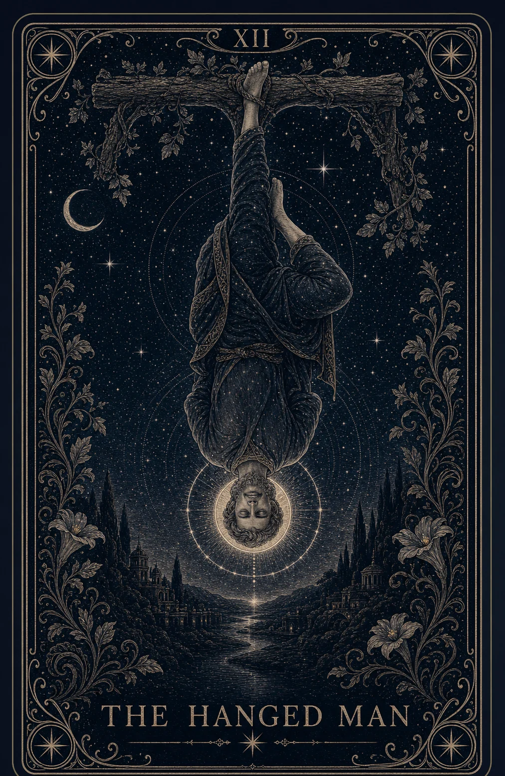 The Hanged Man tarot card from the Night Glass deck — a figure suspended upside down from a living branch, a halo of light gathered around his lowered head above a river valley.