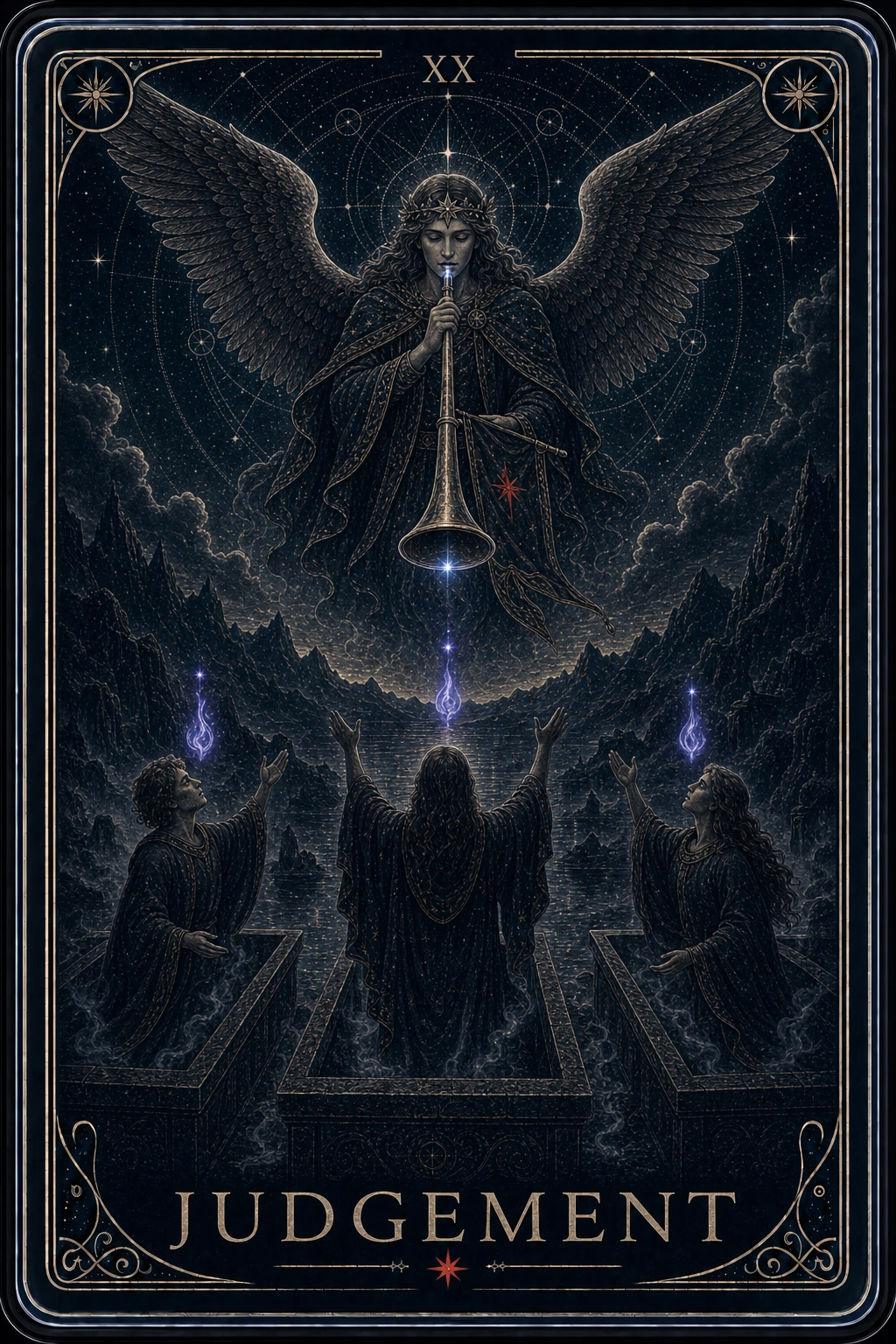 The Judgement tarot card from the Night Glass deck — a winged herald sounding a trumpet over three figures rising from stone tombs, small violet flames above their lifted faces.