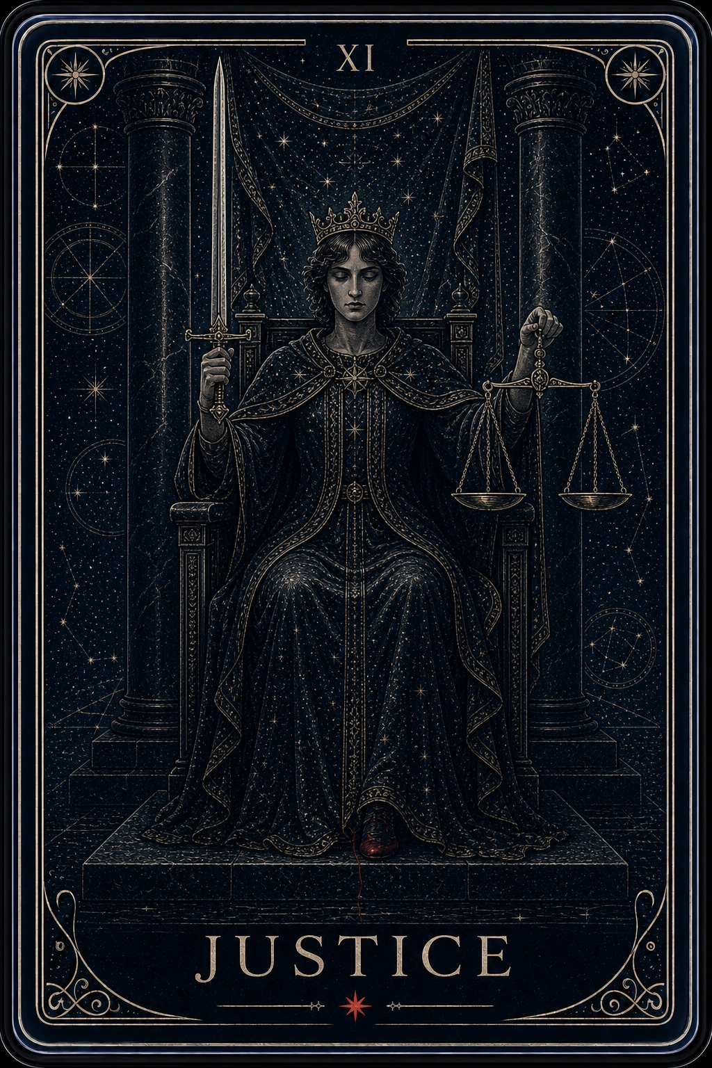 The Justice tarot card from the Night Glass deck — a crowned figure seated between black pillars, a veil across her eyes, holding an upright sword and perfectly level scales.