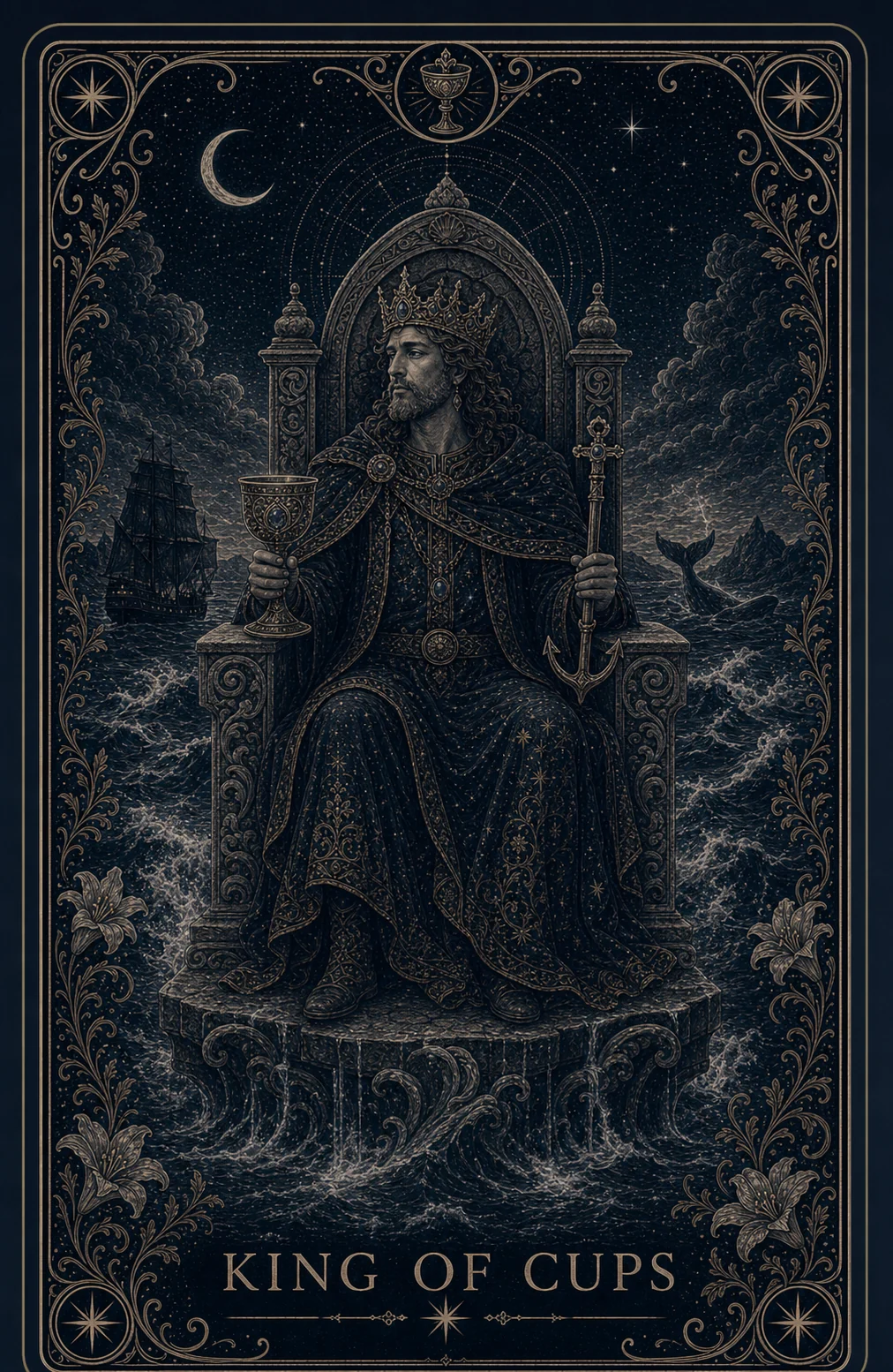 The King of Cups tarot card from the Night Glass deck — a crowned king enthroned on a stone platform amid rough seas, holding a cup in one hand and an anchor-tipped scepter in the other, a ship and a whale's tail on the dark water behind him.