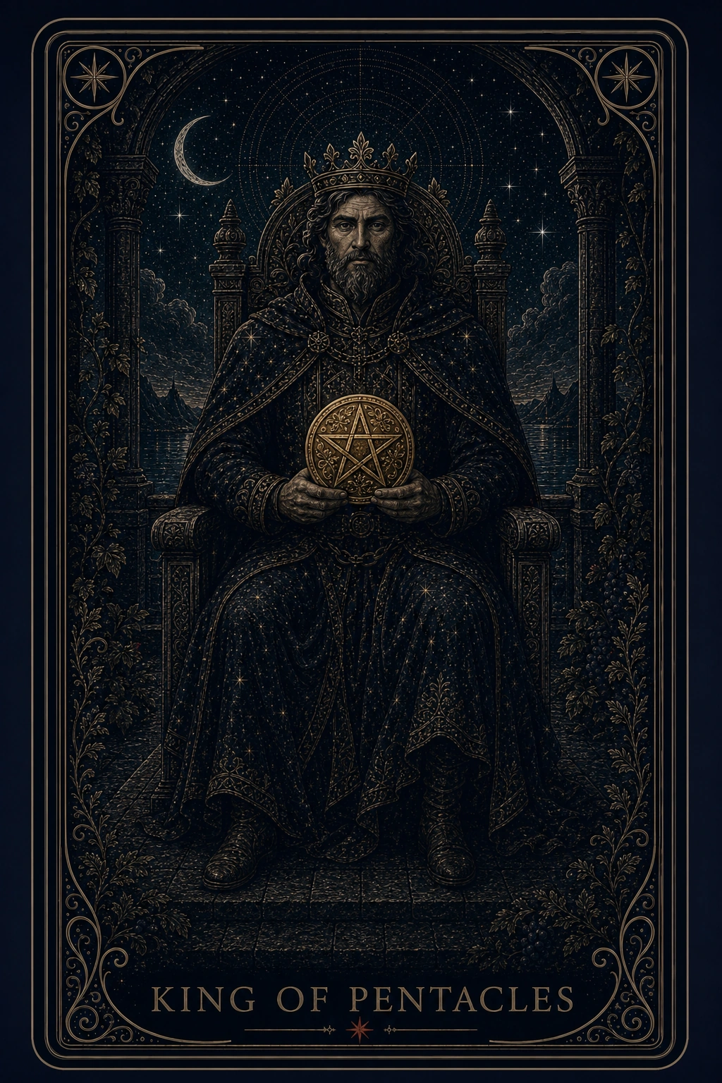 The King of Pentacles tarot card from the Night Glass deck — a crowned, bearded king enthroned between stone pillars, grapevines heavy around him, holding a great gold coin at rest in both hands.