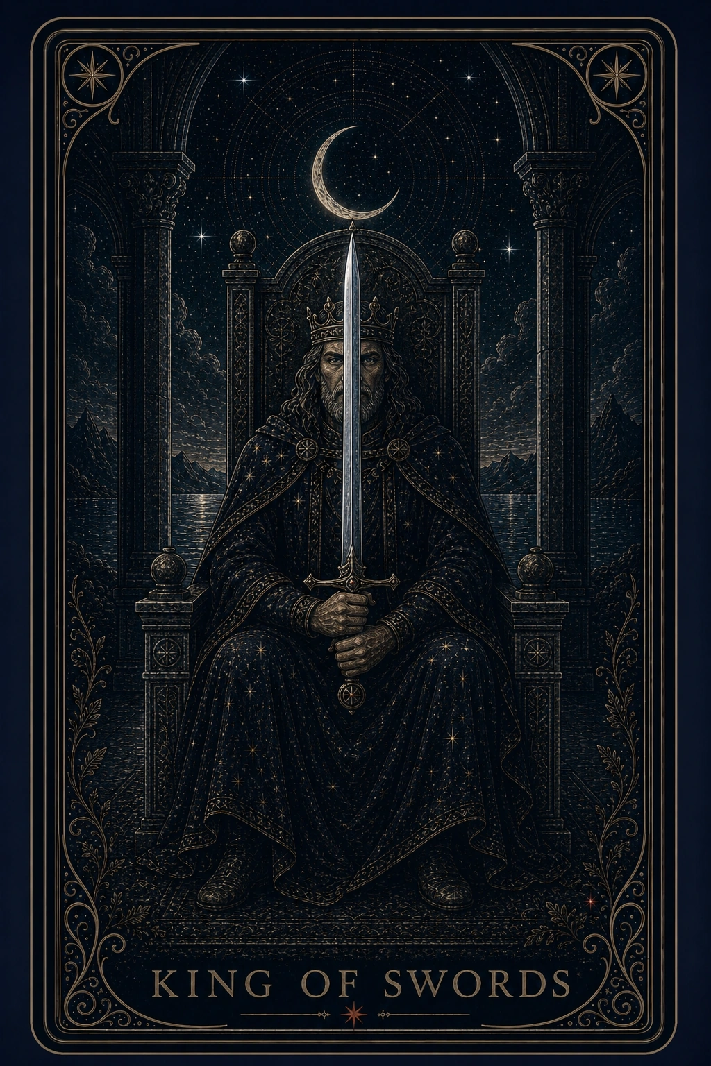 The King of Swords tarot card from the Night Glass deck — a crowned king facing fully forward, a great sword held vertical before him, the blade bisecting the card with one of his eyes on each side, crescent moon at its point.