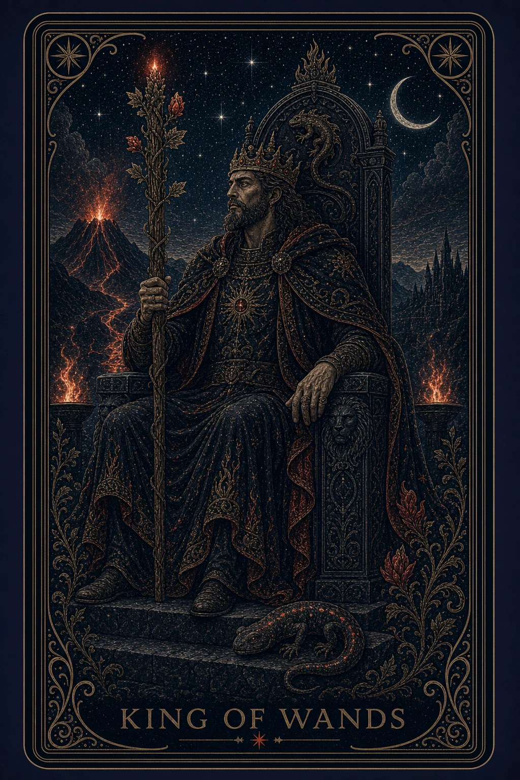 The King of Wands tarot card from the Night Glass deck — a bearded king enthroned in dark robes worked with gold, one hand on a tall living staff, a salamander motif glowing at the throne's base.