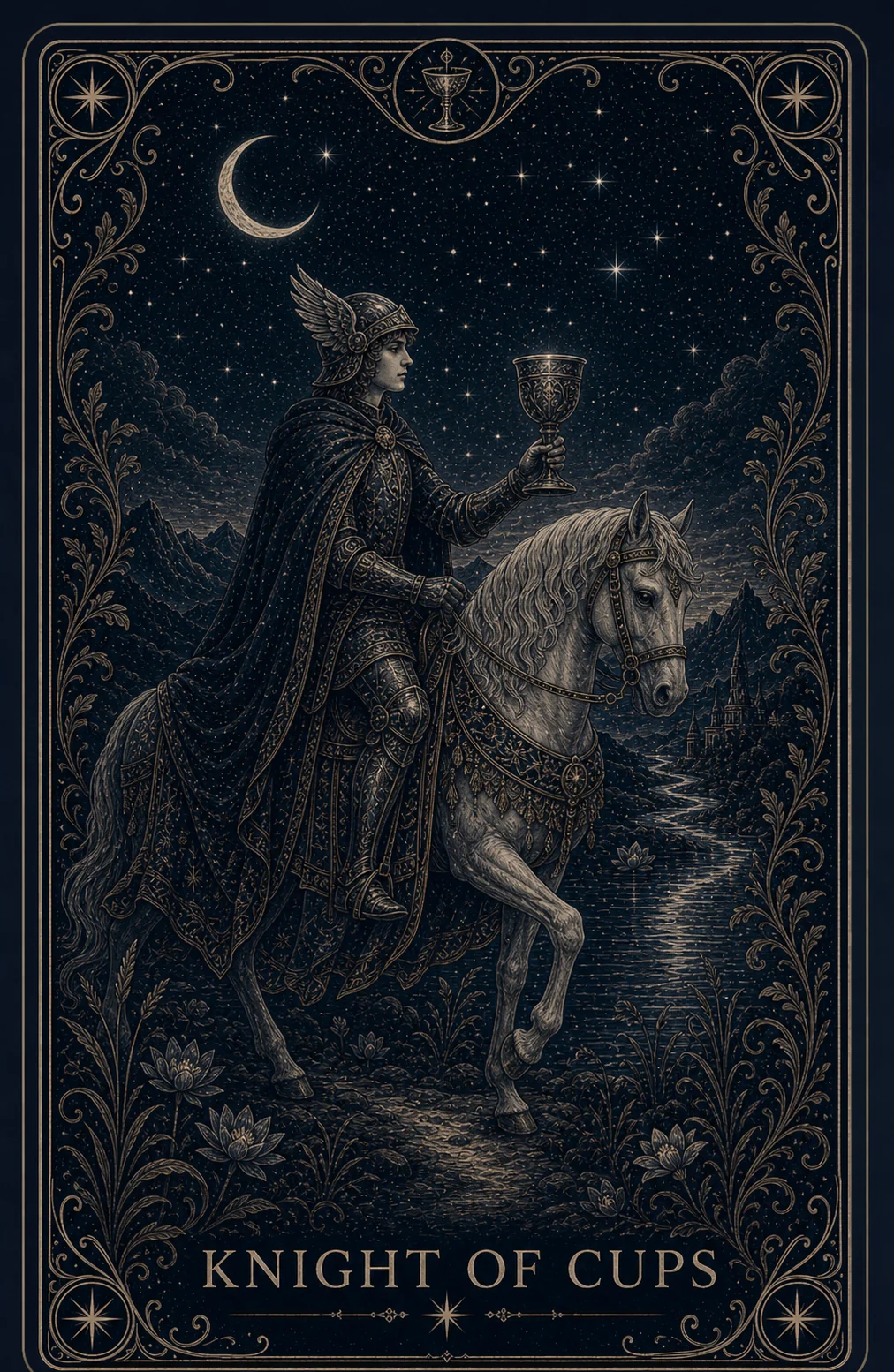 The Knight of Cups tarot card from the Night Glass deck — a knight in a winged helmet on a pale horse at walking pace, holding a cup forward, following a moonlit river through the night.