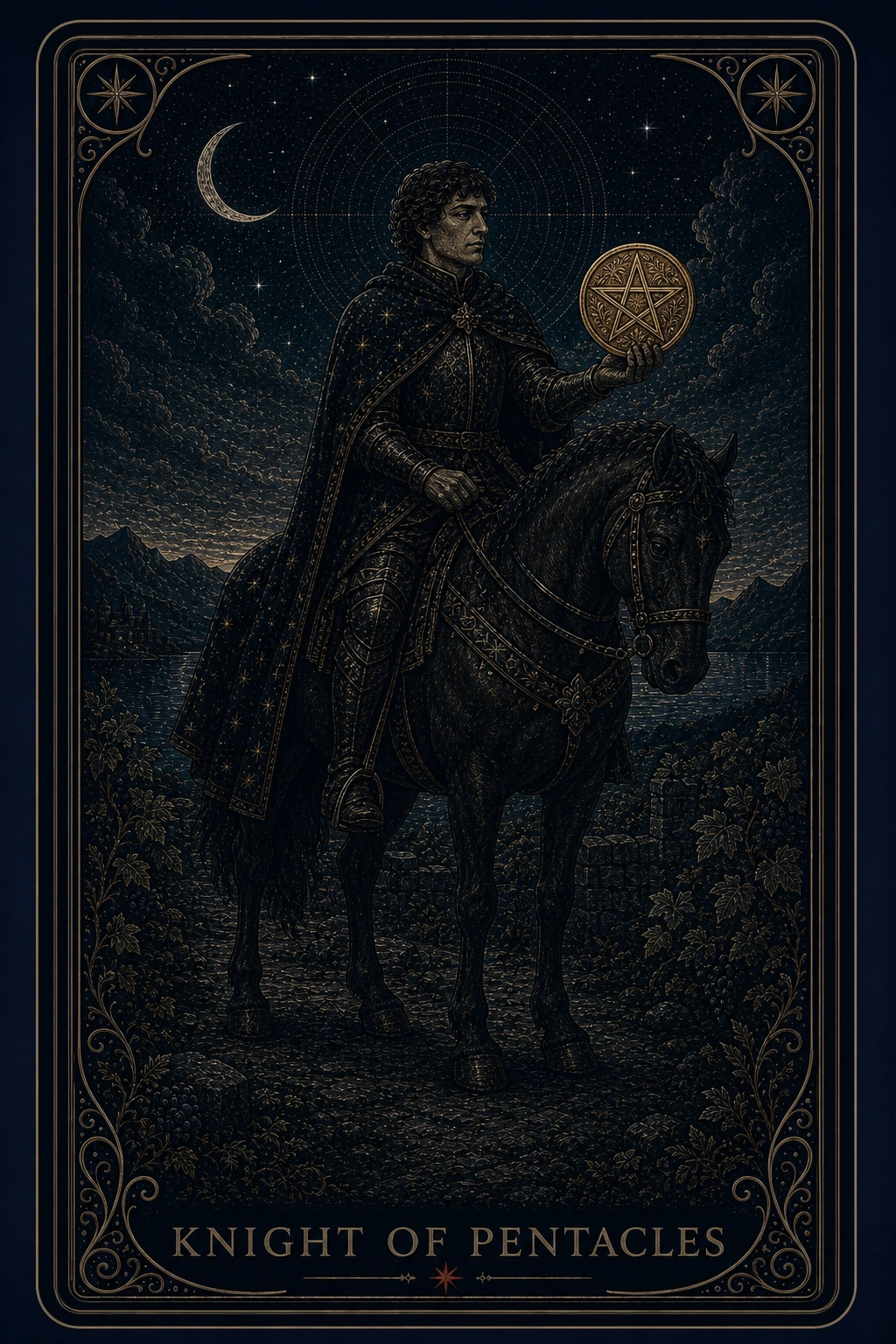 The Knight of Pentacles tarot card from the Night Glass deck — an armored rider on a heavy black horse standing fully halted among vineyard rows, holding a gold coin out on one steady hand.