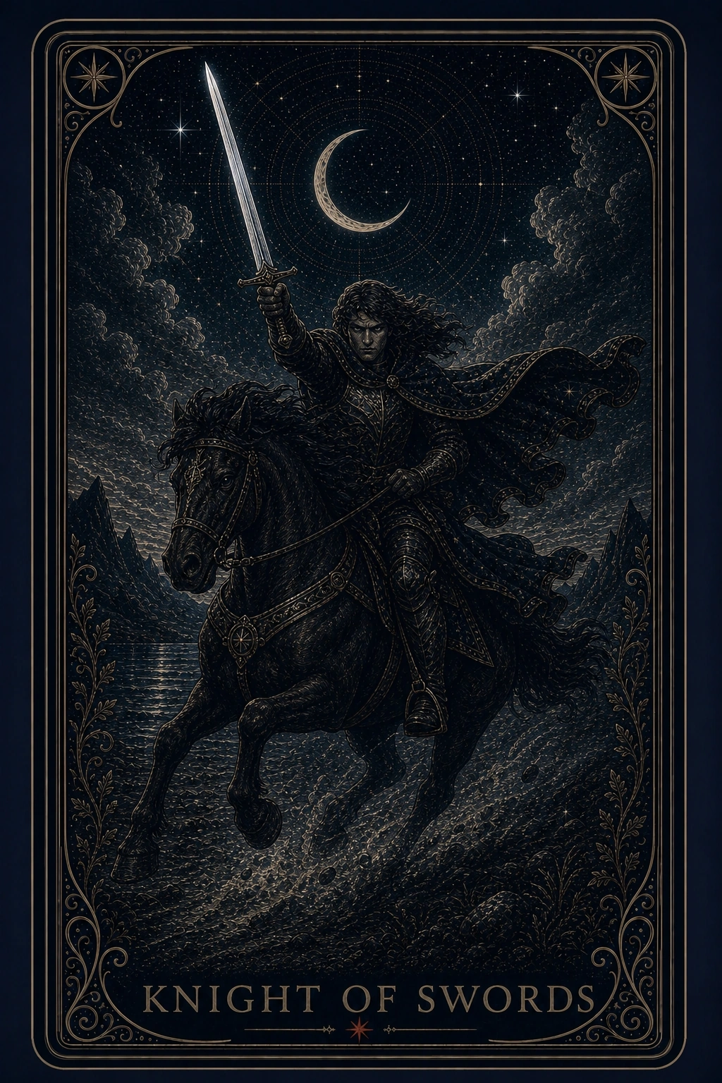 The Knight of Swords tarot card from the Night Glass deck — a rider on a black horse at full charge, sword raised high, hair and cloak streaming, eyes locked forward under a crescent moon.
