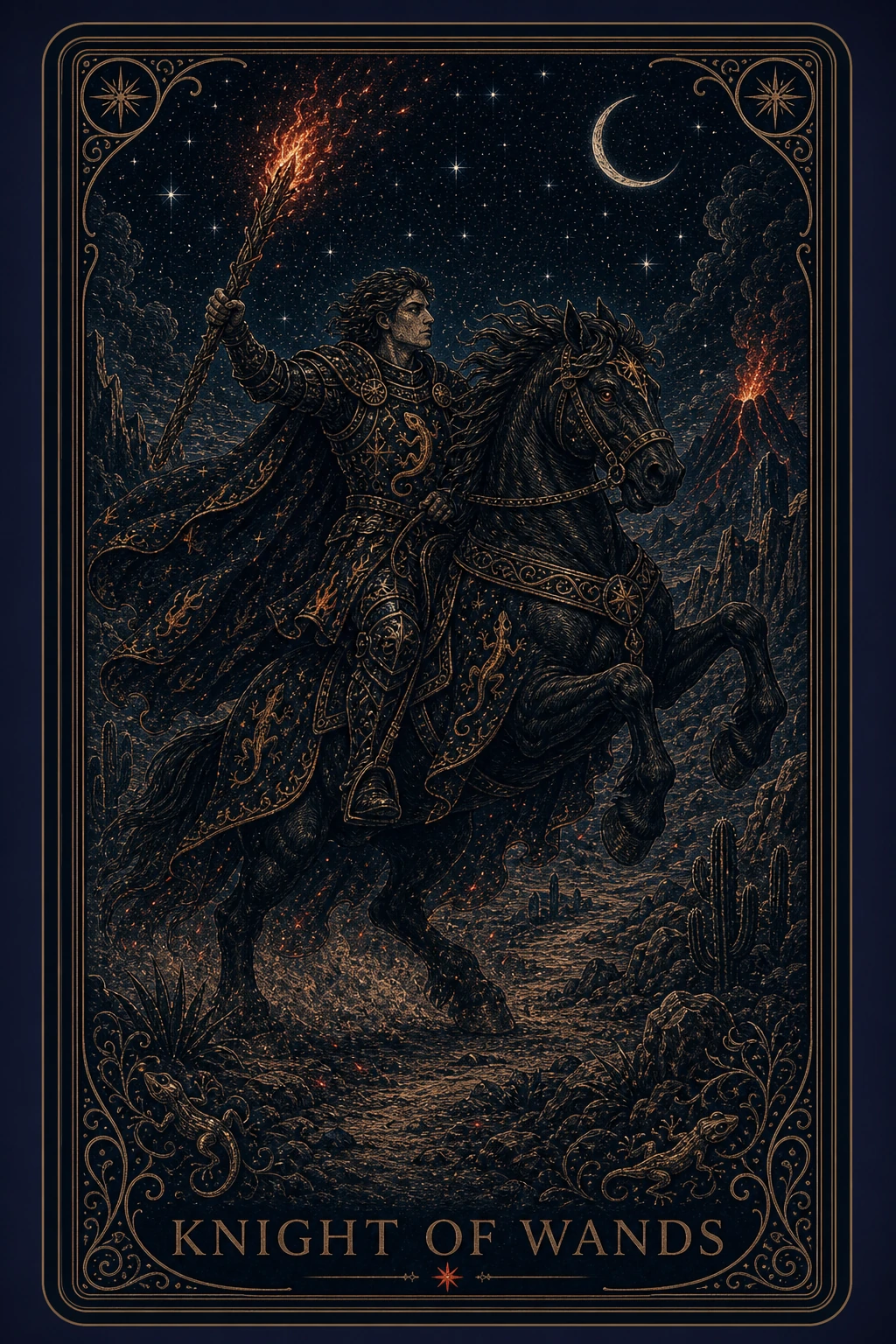The Knight of Wands tarot card from the Night Glass deck — an armored rider mid-gallop on a dark rearing horse, staff couched like a lance, mane and cloak streaming fire-gold.