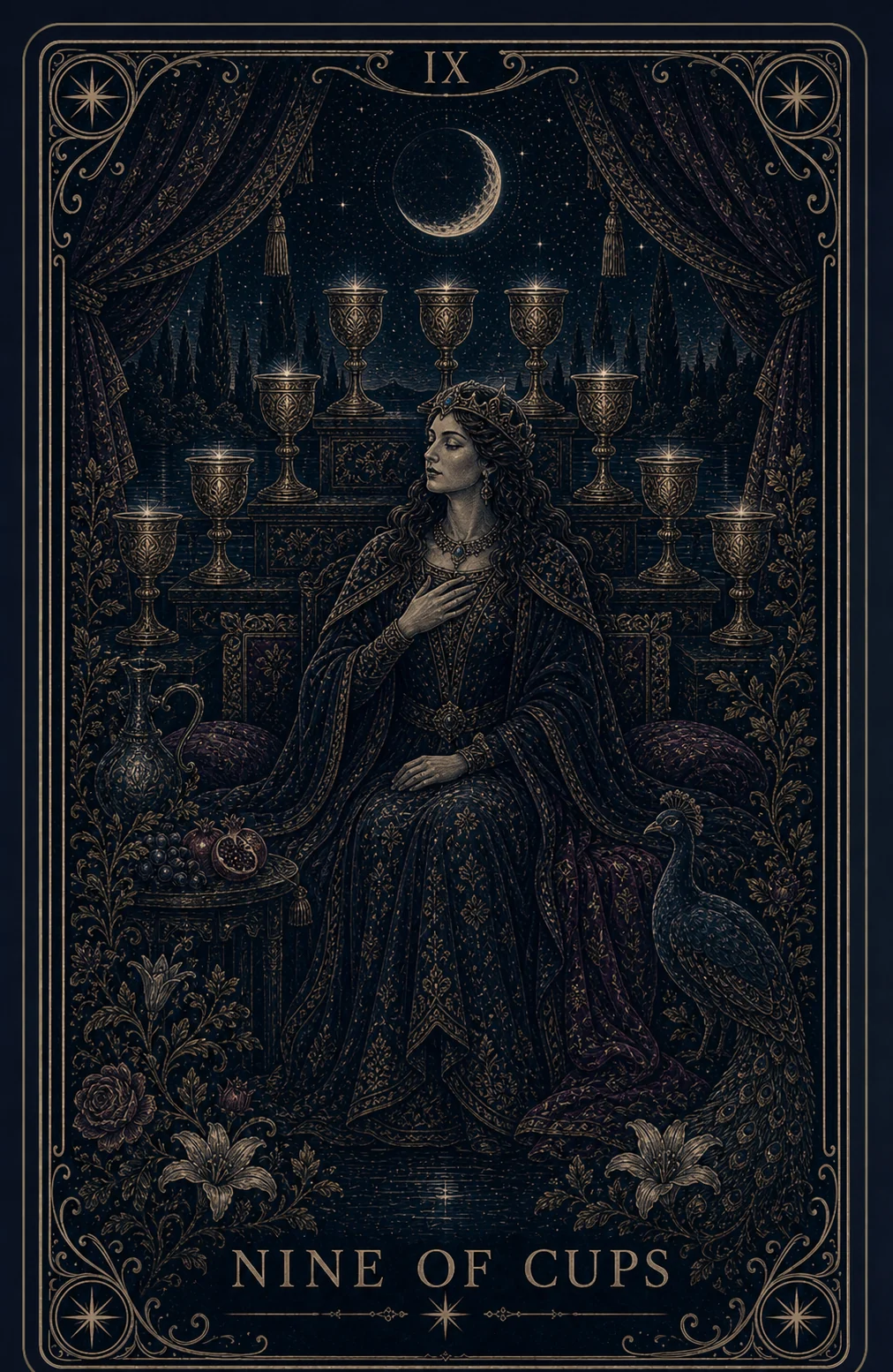 The Nine of Cups tarot card from the Night Glass deck — a richly dressed woman seated with her hand on her heart, eyes closed, nine glowing cups arced on the stone behind her, a peacock at her side and fruit on the table.