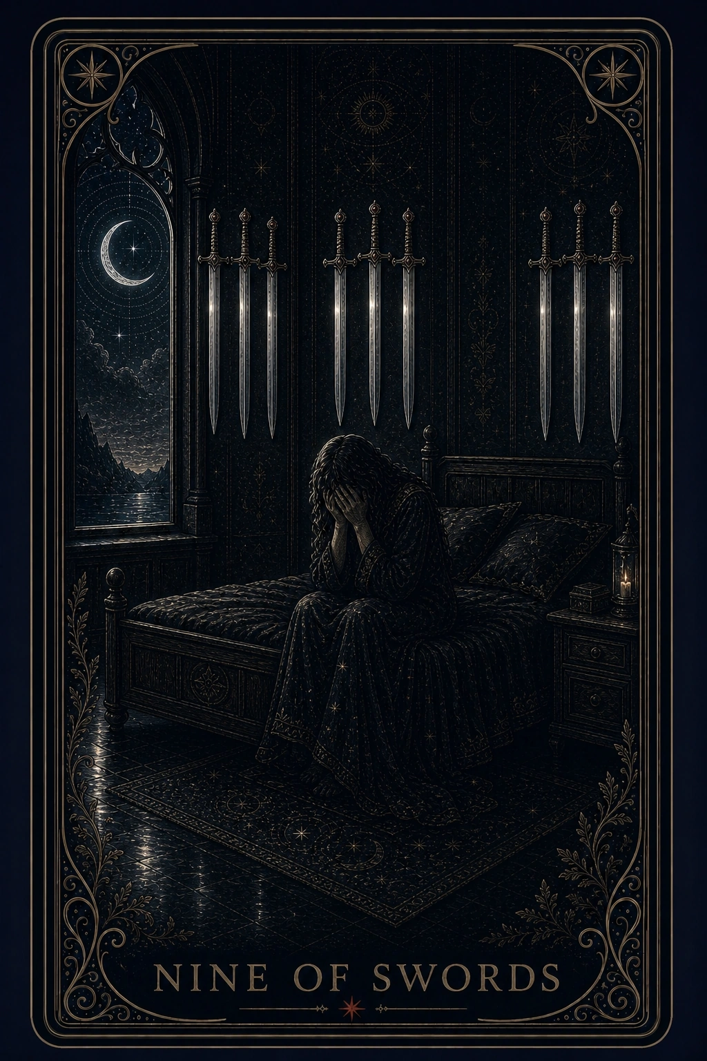 The Nine of Swords tarot card from the Night Glass deck — a figure sitting up in bed at night with face buried in both hands, nine swords hanging point-down on the wall in three rows of three, a lantern burning on the nightstand.