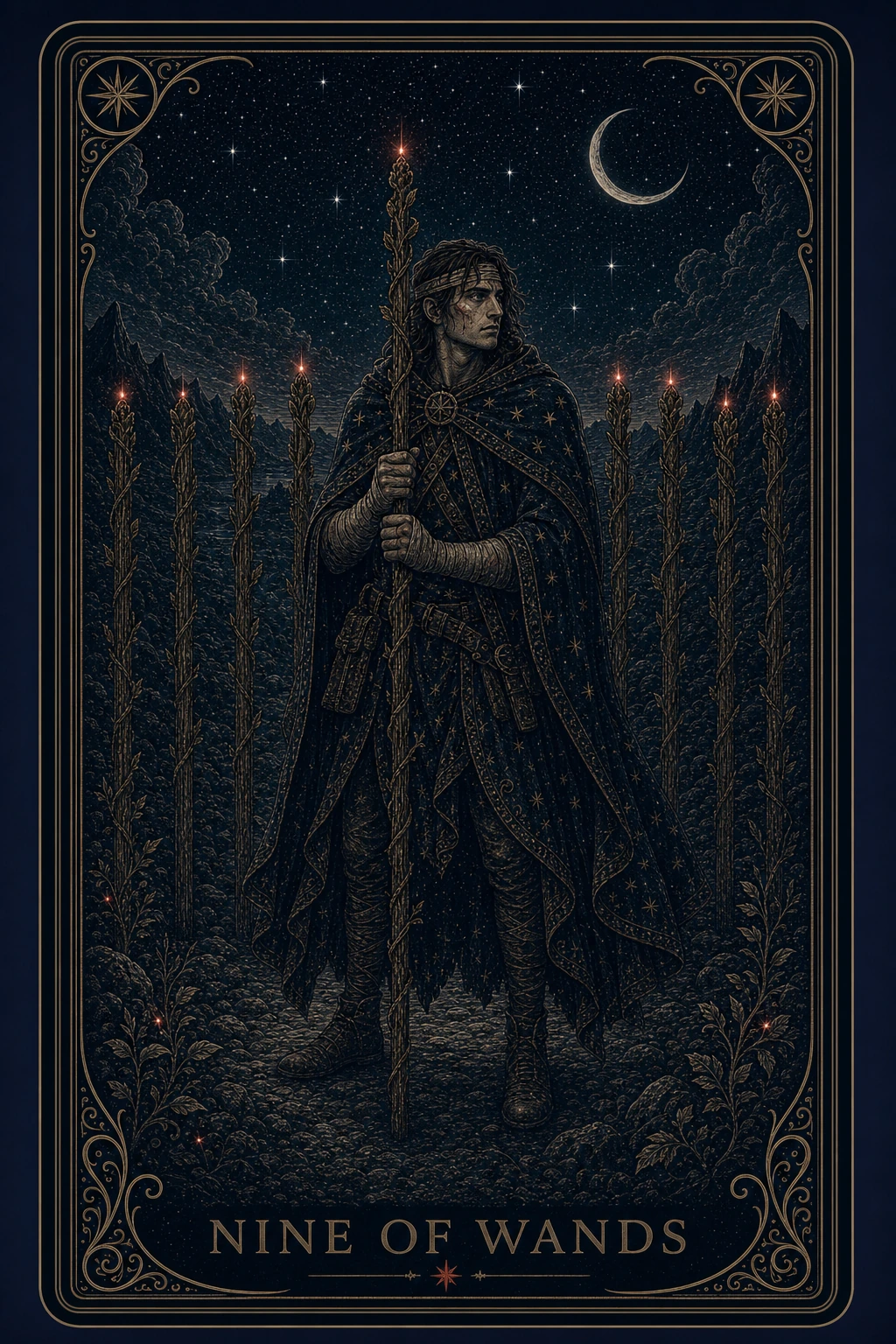 The Nine of Wands tarot card from the Night Glass deck — a weary bandaged figure leaning on one staff, eight staves standing as a fence behind him, dawn nowhere yet in the dark sky.