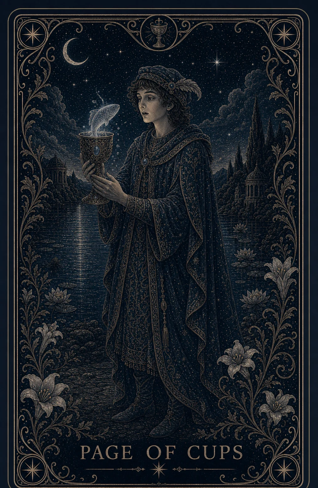 The Page of Cups tarot card from the Night Glass deck — a young figure in a feathered cap and ornate cloak holding a cup from which a luminous fish rises, meeting his gaze beside a moonlit lake.