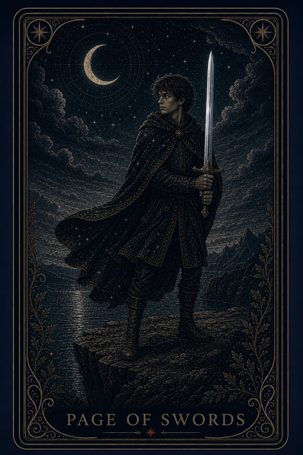 The Page of Swords tarot card from the Night Glass deck — a keen-eyed youth on a windswept rock, cloak streaming, holding an upright sword in both hands and watching the distance.