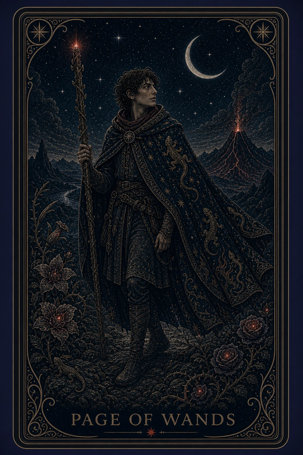 The Page of Wands tarot card from the Night Glass deck — a young figure in a dark field holding a sprouting staff at arm's length, face tilted up toward it, stars close overhead.