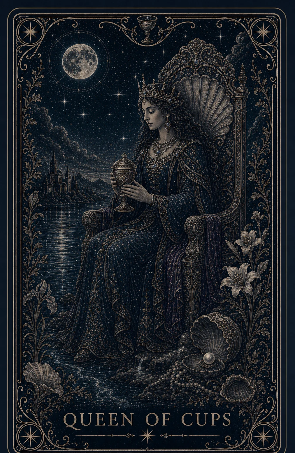 The Queen of Cups tarot card from the Night Glass deck — a crowned woman on a shell-backed throne at the water's edge, gazing into a lidded cup held in both hands, a full moon above and an open shell with a pearl at her feet.