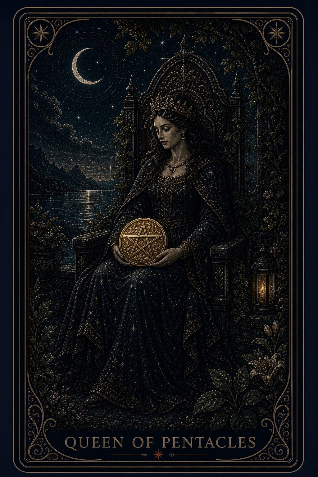 The Queen of Pentacles tarot card from the Night Glass deck — a crowned woman on a vine-wrapped throne in a night garden, a gold coin held in her lap, a small lantern glowing at the throne's base.