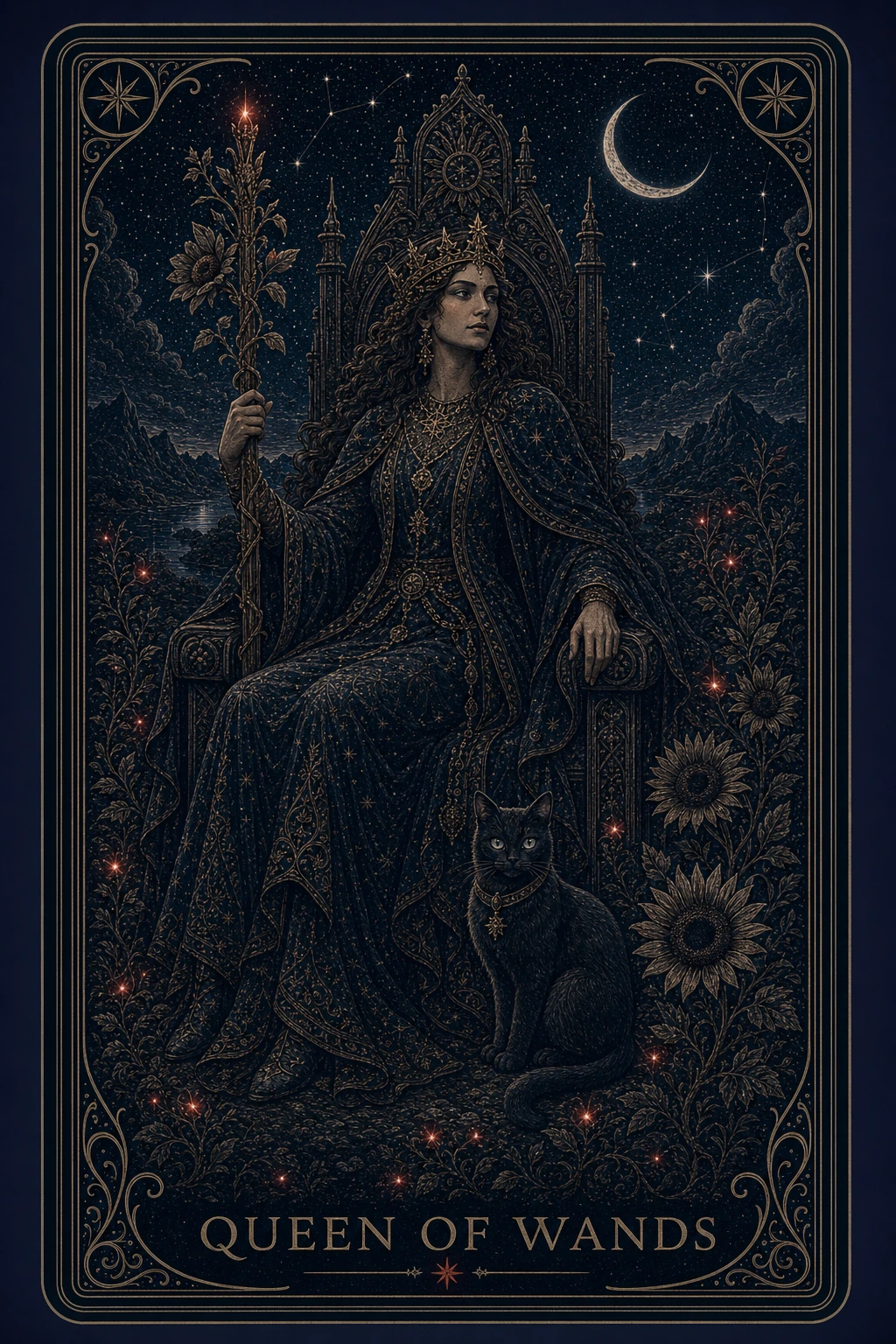 The Queen of Wands tarot card from the Night Glass deck — a crowned woman enthroned with a flowering staff, a golden sunflower at her side, a black cat seated alert at the foot of the throne.
