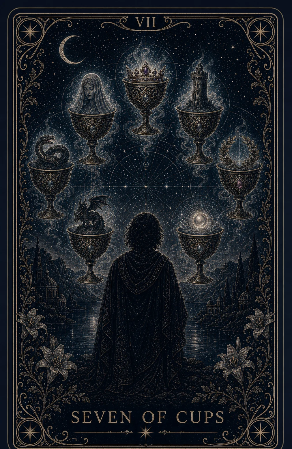 The Seven of Cups tarot card from the Night Glass deck — a cloaked figure seen from behind facing seven cups floating in the night sky, each smoking like a censer and holding a vision: a veiled face, a crown, a tower, a serpent, a dragon, a laurel wreath, a glowing orb.