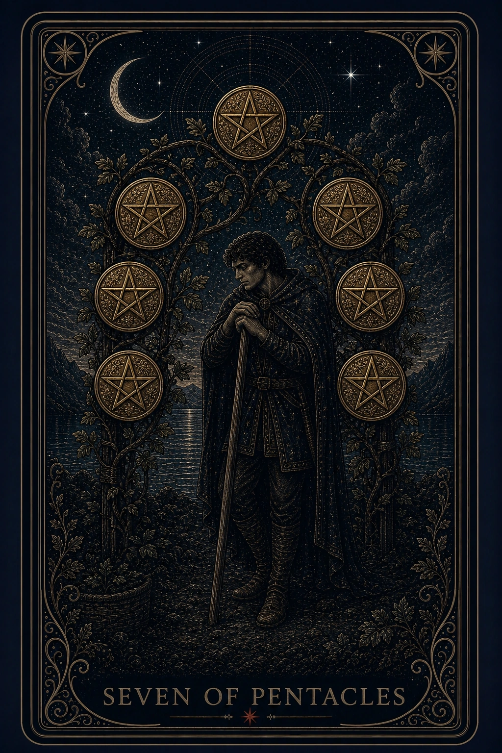 The Seven of Pentacles tarot card from the Night Glass deck — a man leaning on his staff, chin on his hands, studying a living arbor where seven pentacles grow among the vines, an empty basket waiting at his feet.