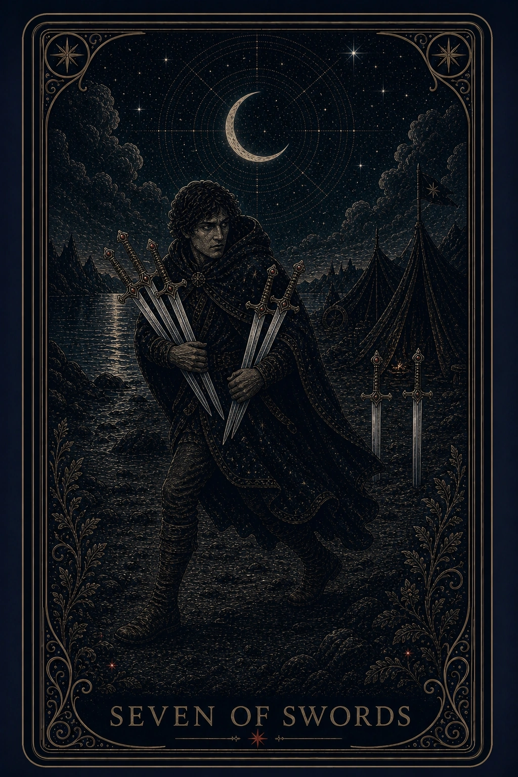 The Seven of Swords tarot card from the Night Glass deck — a cloaked man carrying five swords bundled in his arms, glancing back as he slips away from a dark camp of tents, two swords left standing in the ground.
