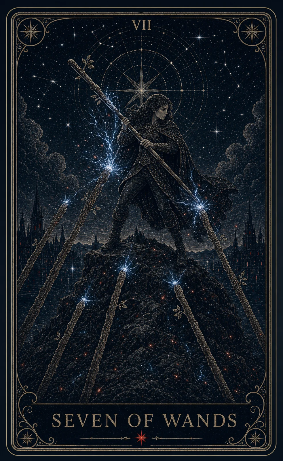 The Seven of Wands tarot card from the Night Glass deck — a lone figure on high ground, staff braced crosswise, six staves rising toward him from the dark below.