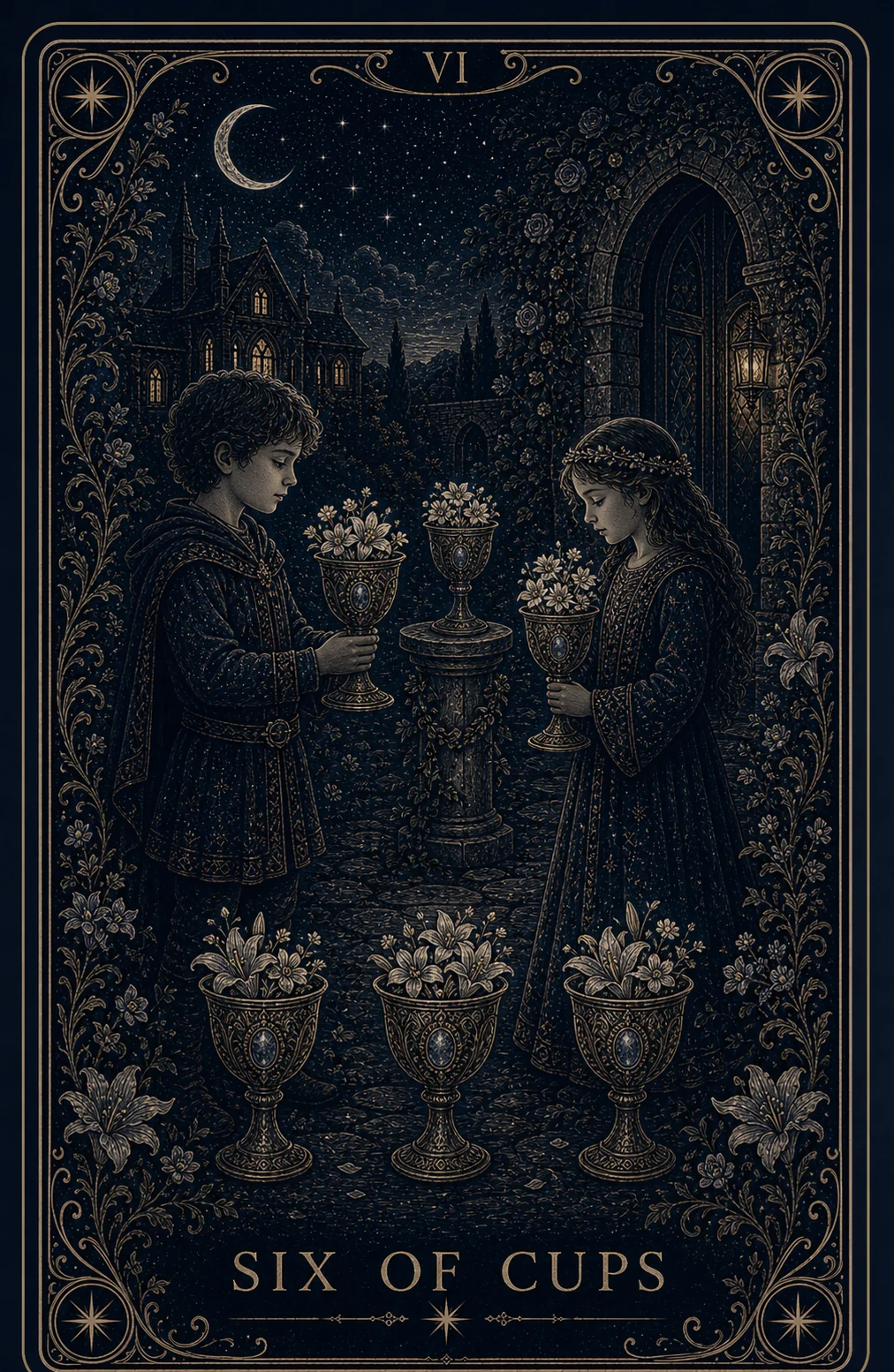 The Six of Cups tarot card from the Night Glass deck — two children exchanging cups filled with flowers in a walled garden at night, a lantern-lit archway and manor behind them, six blossoming cups in all.