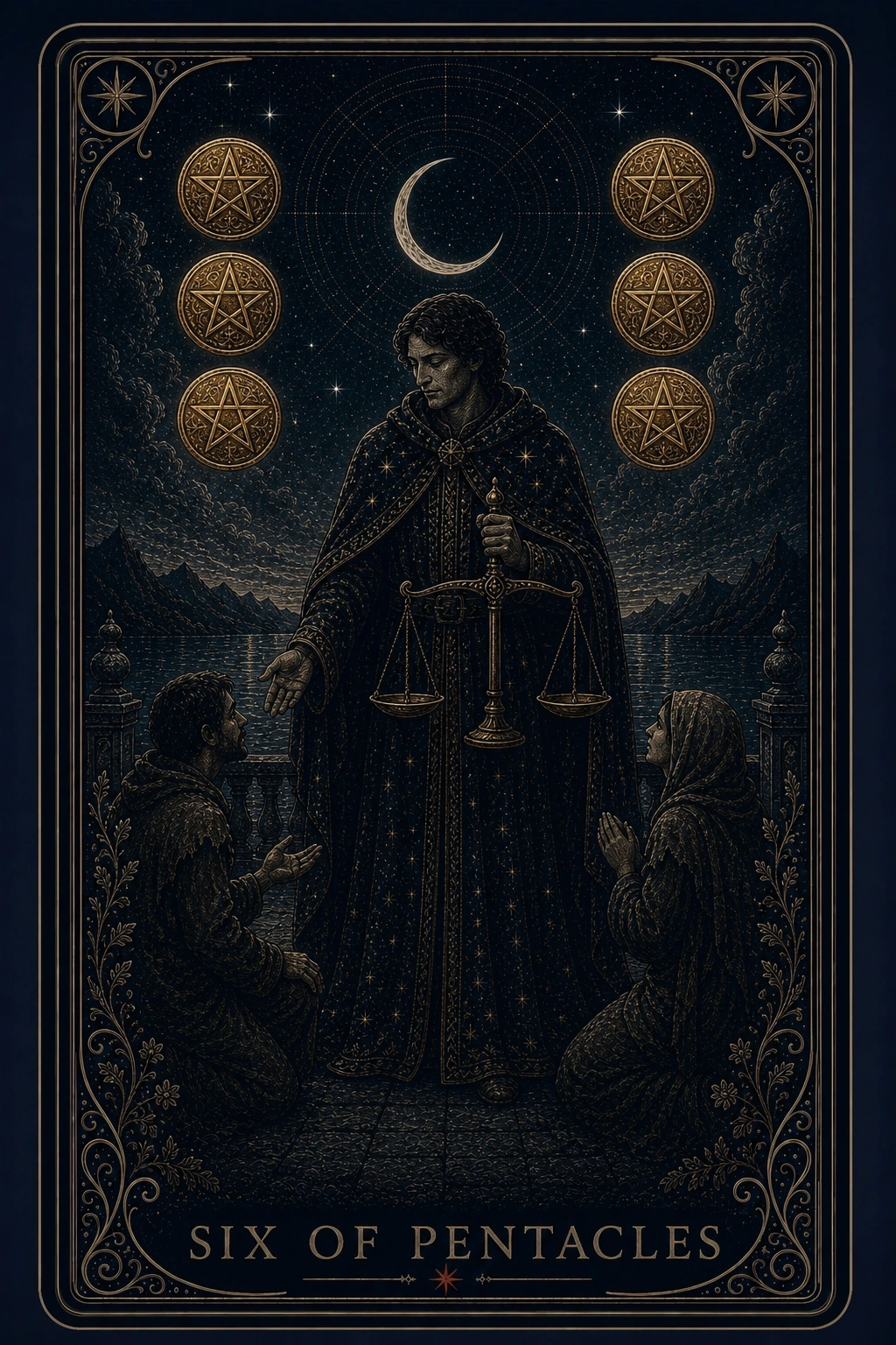 The Six of Pentacles tarot card from the Night Glass deck — a cloaked man holding balance scales upright in one hand, his other palm open toward two kneeling figures, six pentacles arranged above in two columns.