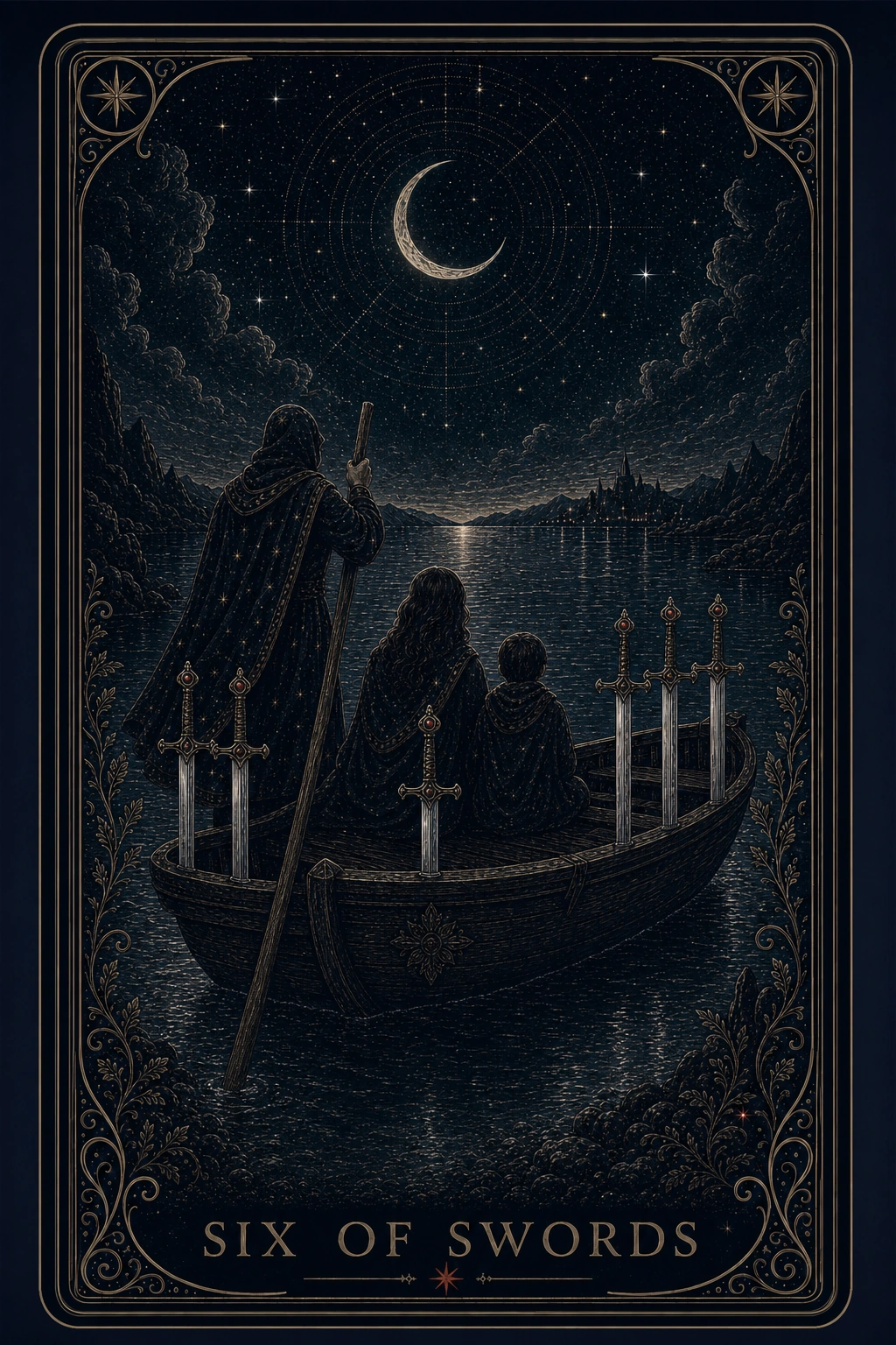 The Six of Swords tarot card from the Night Glass deck — a ferryman poling a boat carrying a woman and child across calm water toward a distant lit city, six swords standing upright in the hull.