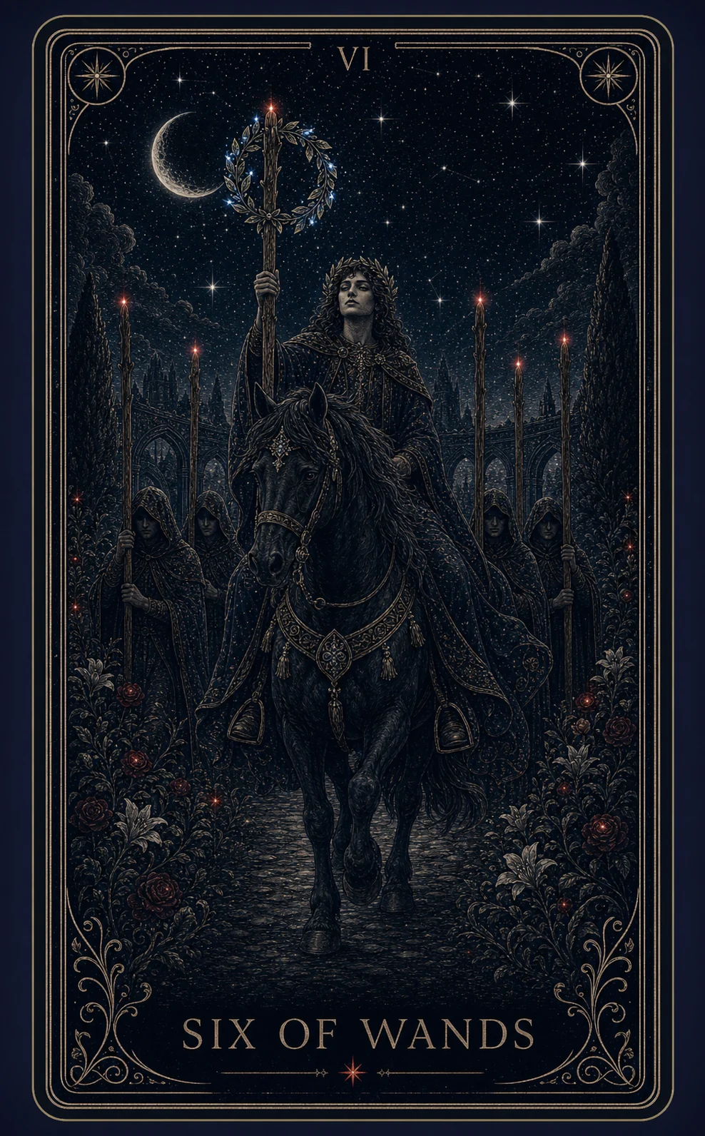 The Six of Wands tarot card from the Night Glass deck — a laureled rider on a pale horse moving through a crowd of raised staves, one wreathed staff held high.
