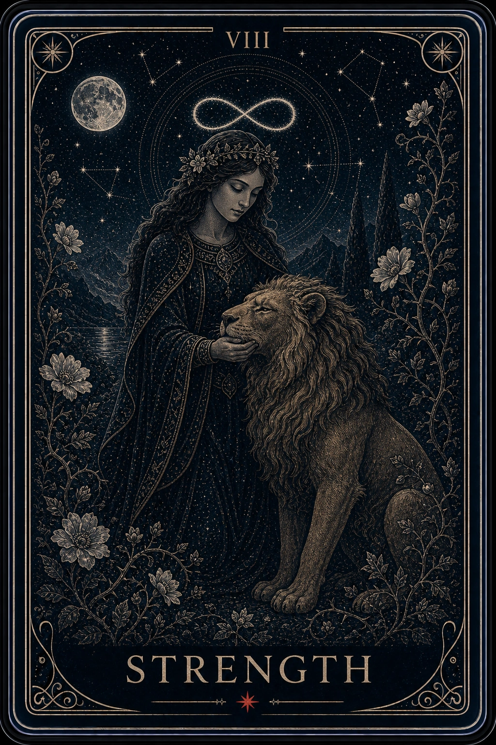 The Strength tarot card from the Night Glass deck — a garlanded woman beneath an infinity halo, her hand resting gently at the mouth of a golden-maned lion in a moonlit garden.