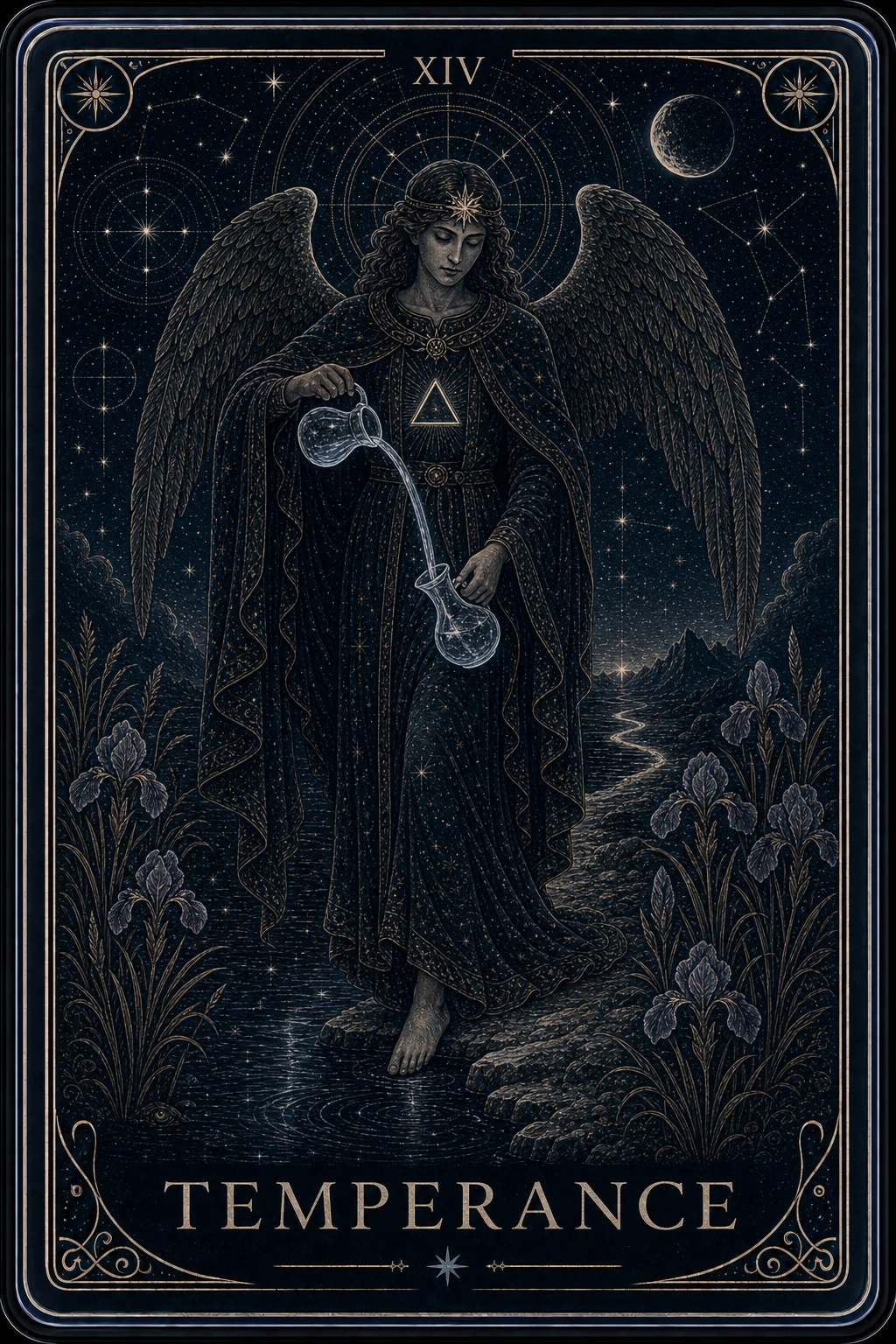 The Temperance tarot card from the Night Glass deck — a winged figure at the water's edge pouring a luminous stream between two glass vessels, a path winding toward a glowing horizon.