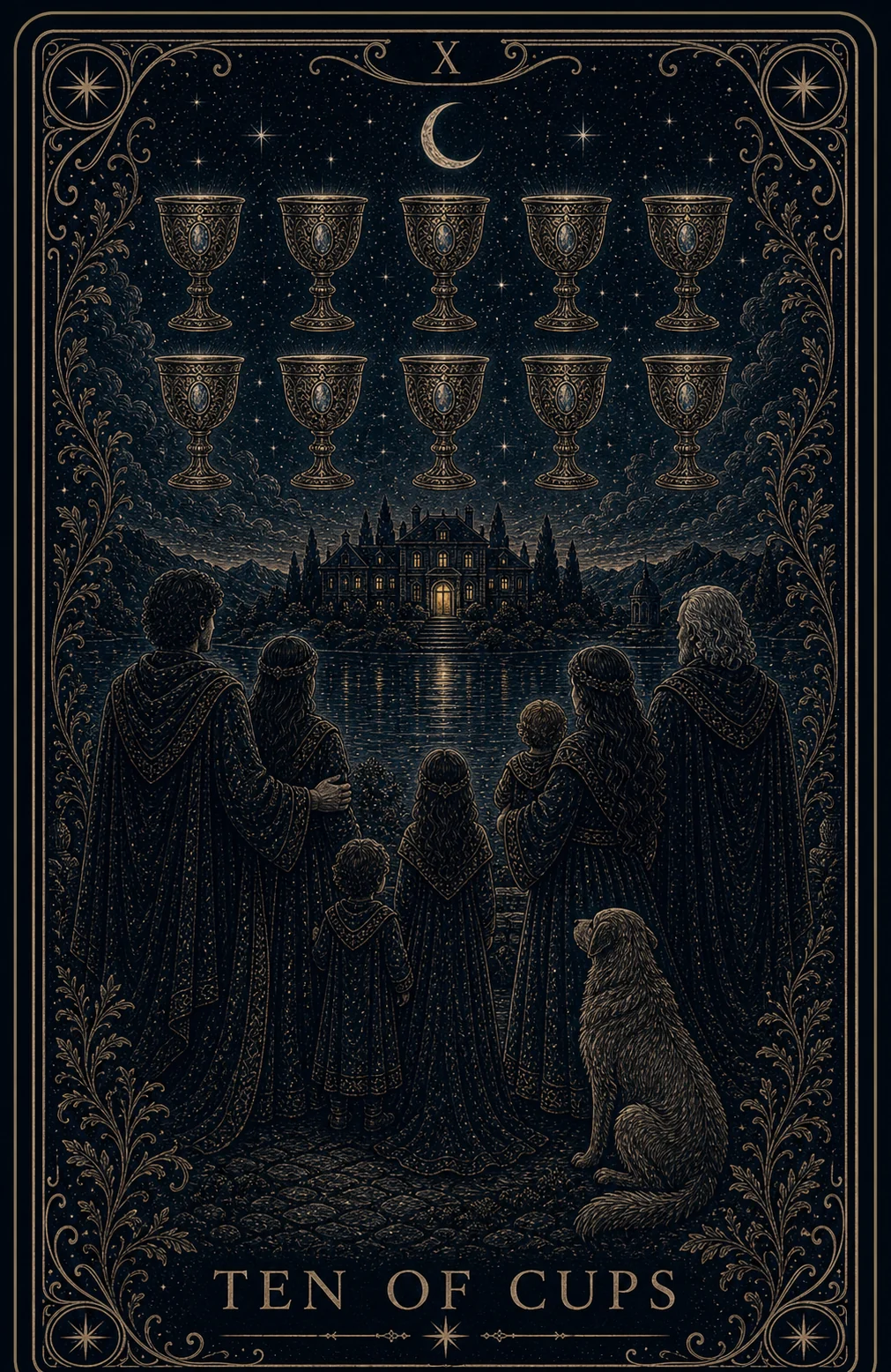 The Ten of Cups tarot card from the Night Glass deck — a family of several generations seen from behind with their dog, gazing across a lake at a lit manor house, ten cups arced in the starry sky above them.