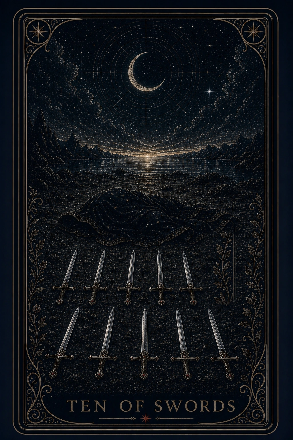 The Ten of Swords tarot card from the Night Glass deck — a figure at rest beneath an embroidered shroud on dark ground, ten swords planted upright in the earth before it, dawn breaking gold across the water on the horizon.