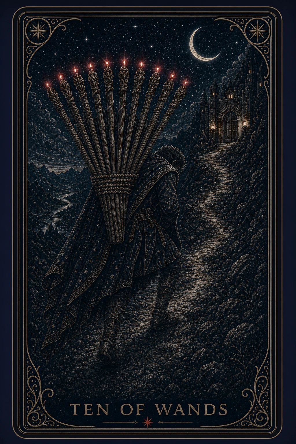 The Ten of Wands tarot card from the Night Glass deck — a bent figure carrying all ten staves bundled against his chest, the lights of a town visible ahead in the dark.
